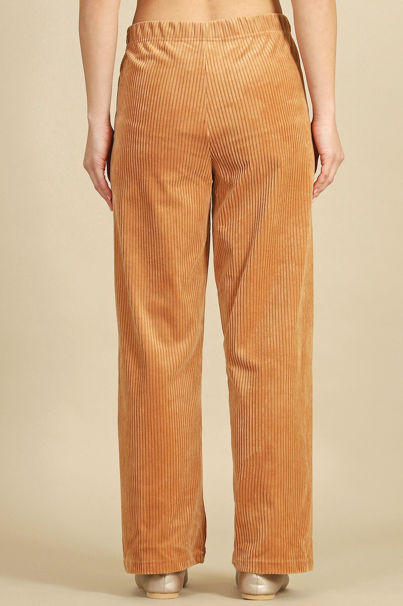 Brown Solid Cotton Blend Straight Trousers & Pants