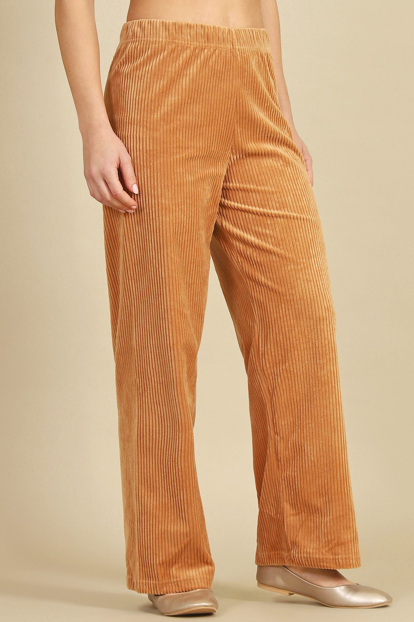 Brown Solid Cotton Blend Straight Trousers & Pants