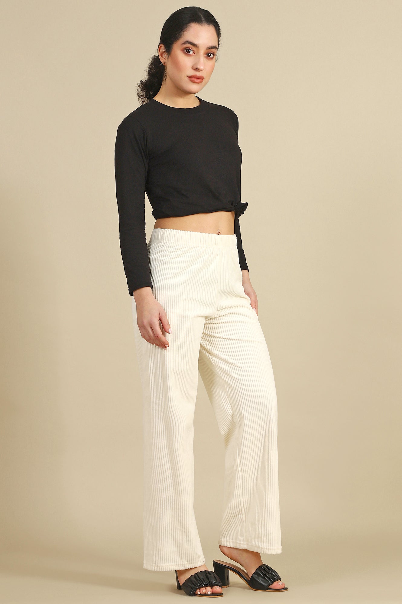 Cream Solid Cotton Blend Straight Trousers & Pants