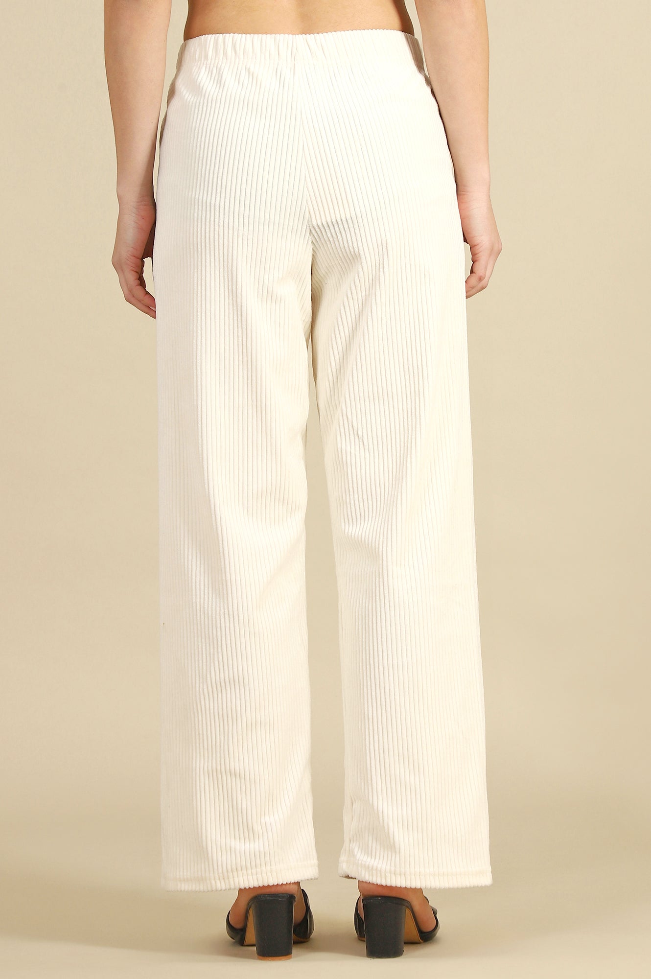 Cream Solid Cotton Blend Straight Trousers & Pants