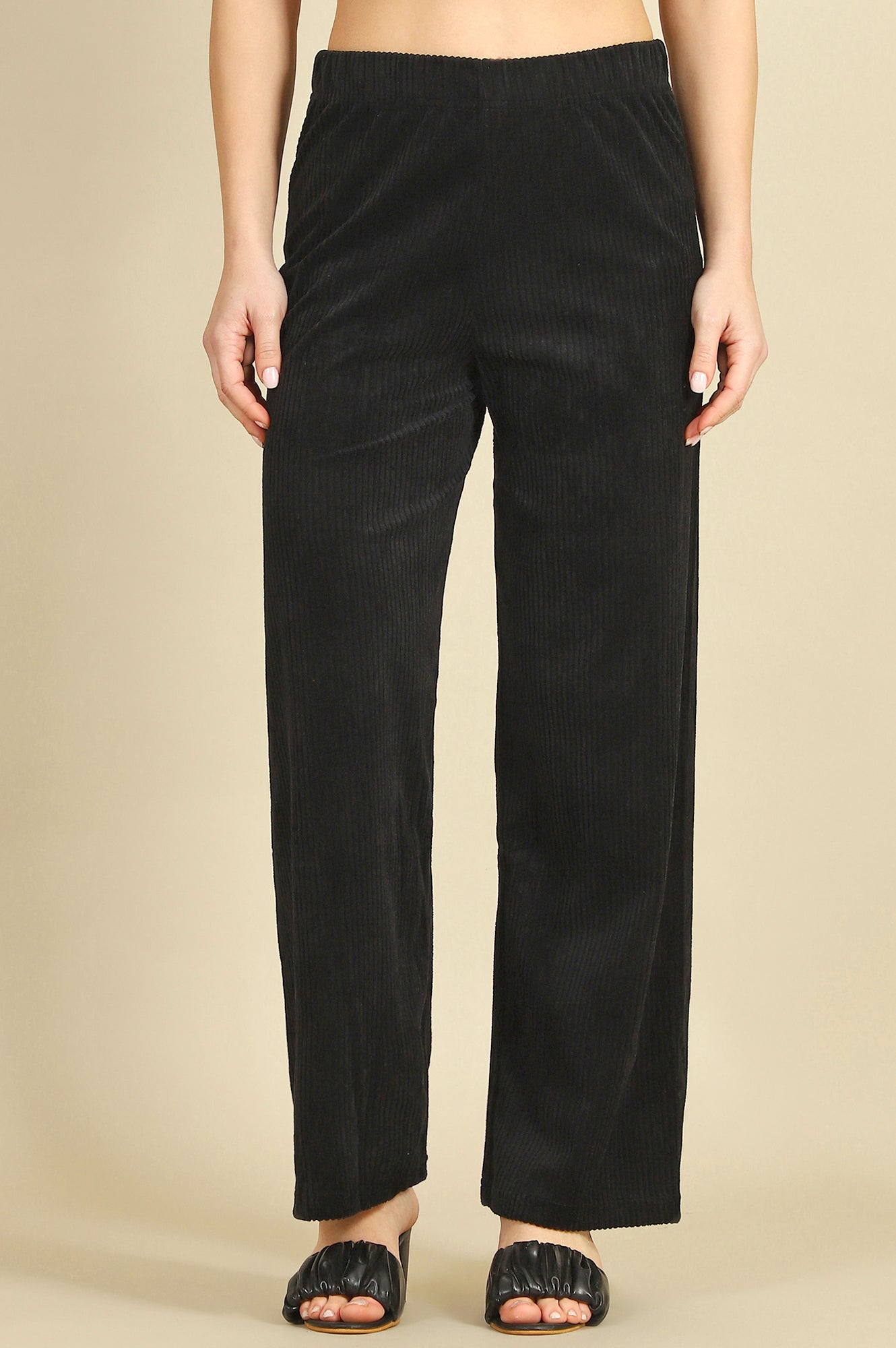 Black Solid Cotton Blend Straight Trousers & Pants