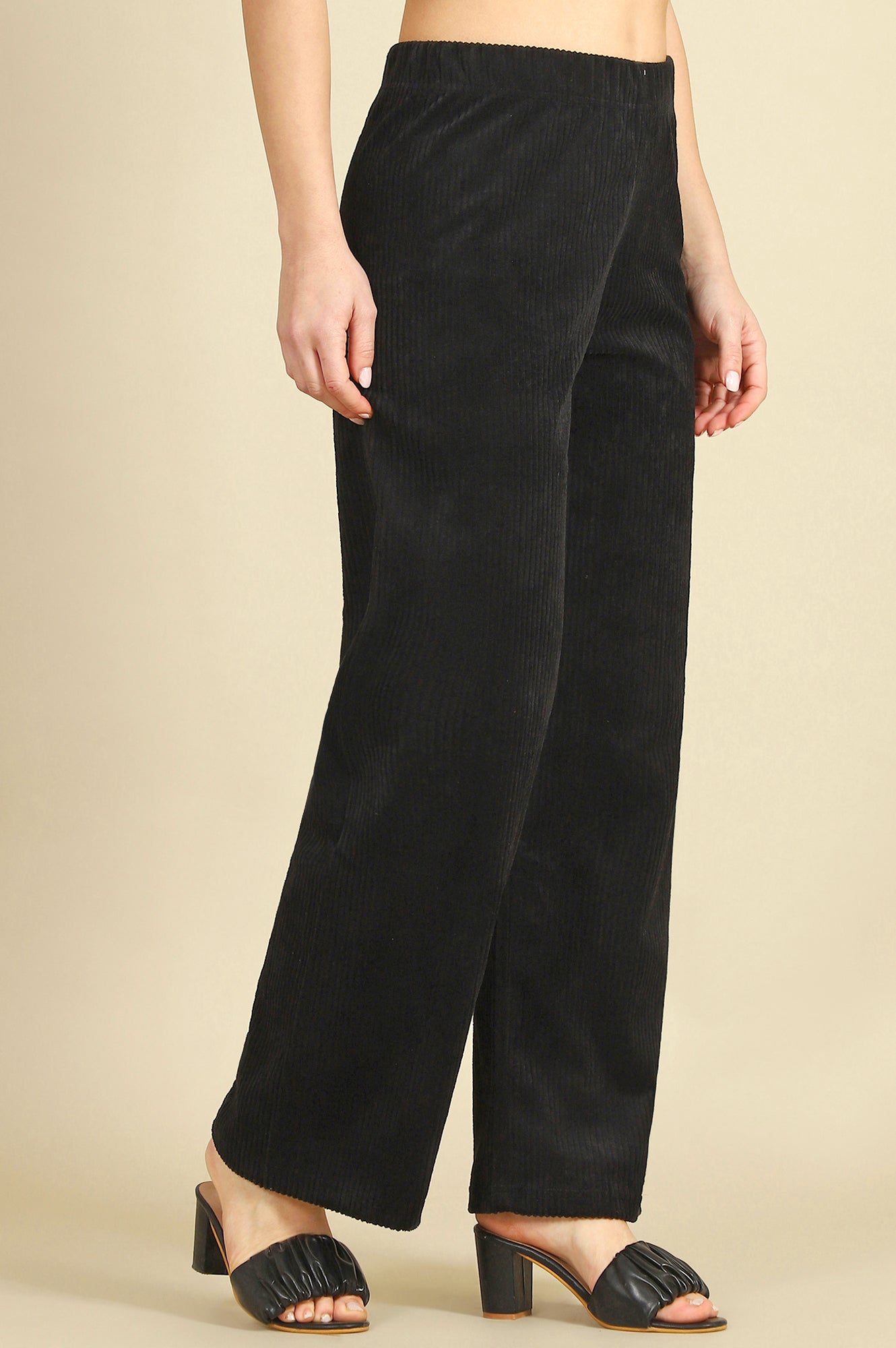 Black Solid Cotton Blend Straight Trousers & Pants