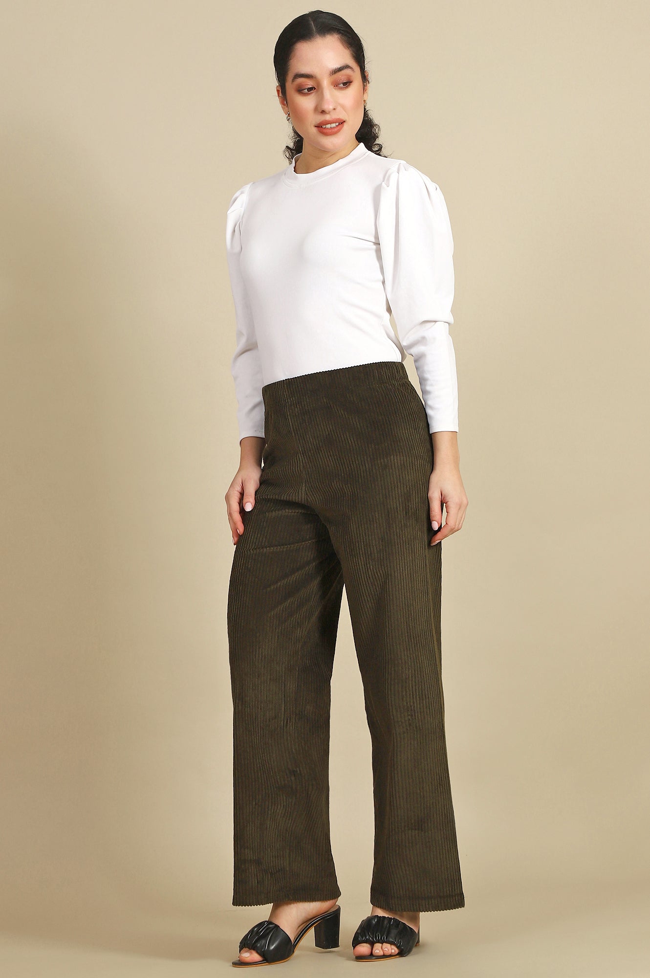 Green Solid Cotton Blend Straight Trousers & Pants