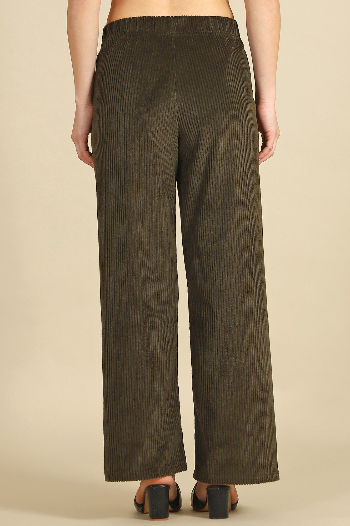 Green Solid Cotton Blend Straight Trousers & Pants