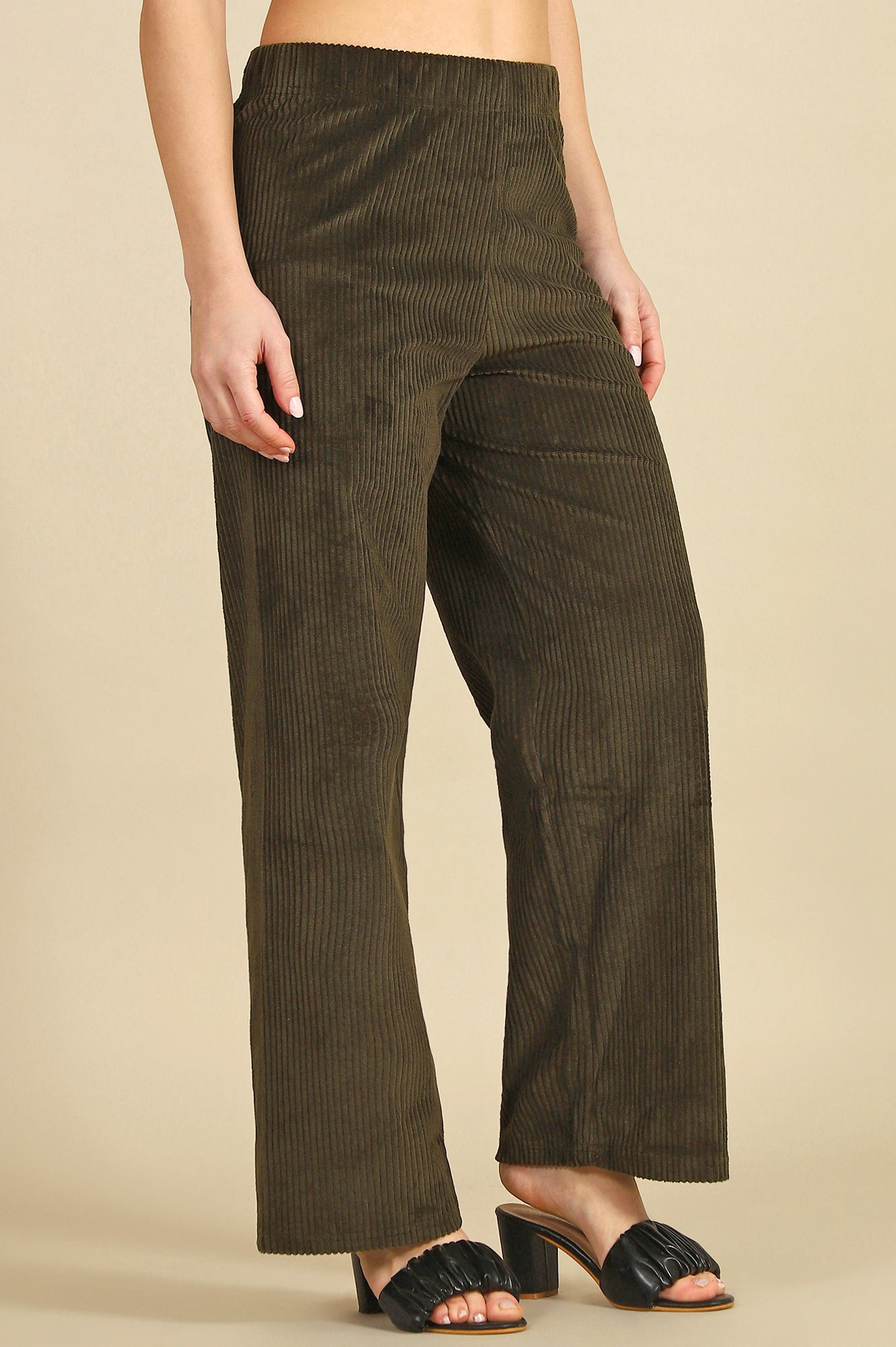 Green Solid Cotton Blend Straight Trousers & Pants