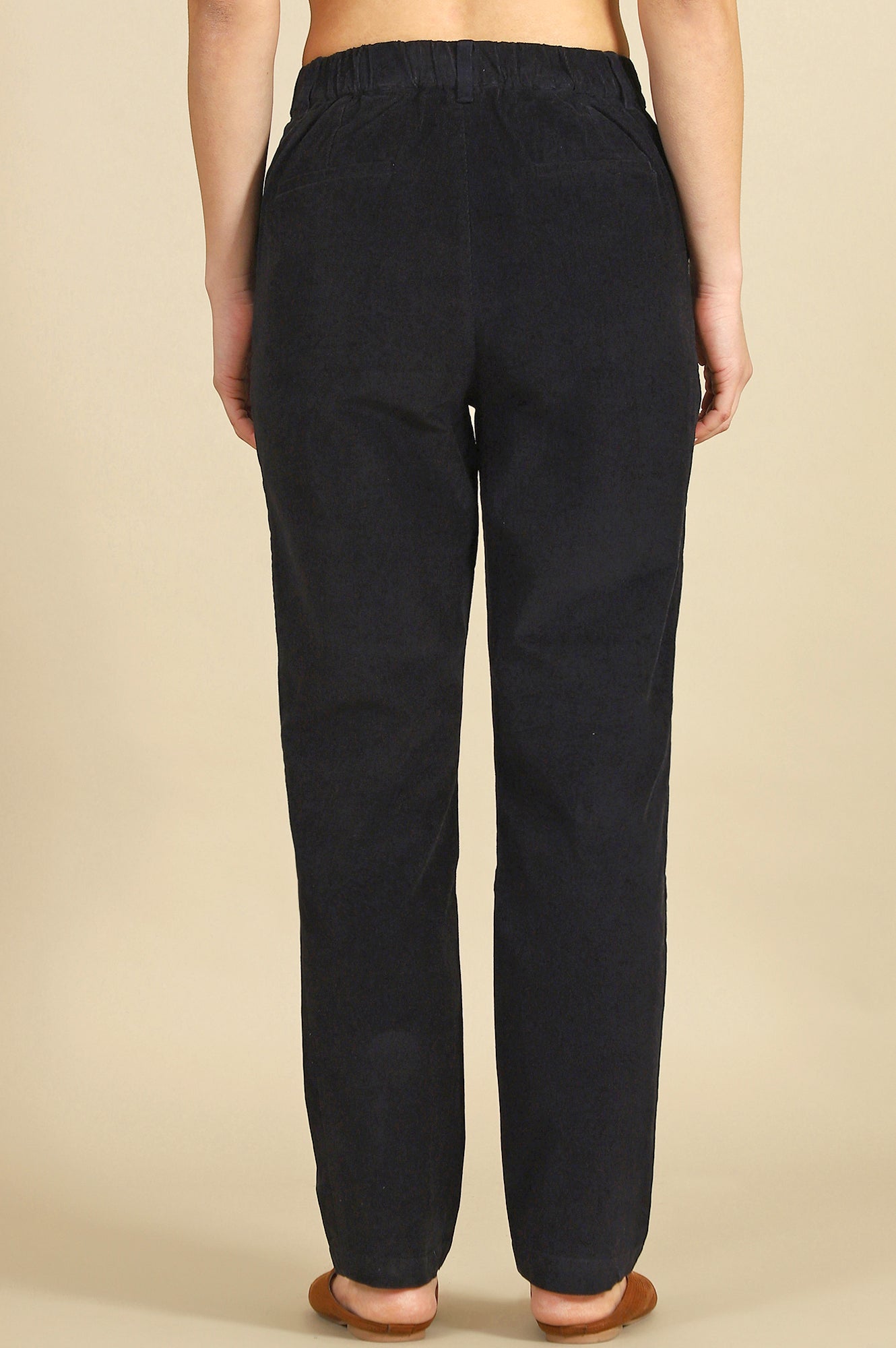 Blue Solid Cotton Blend Straight Trousers & Pants