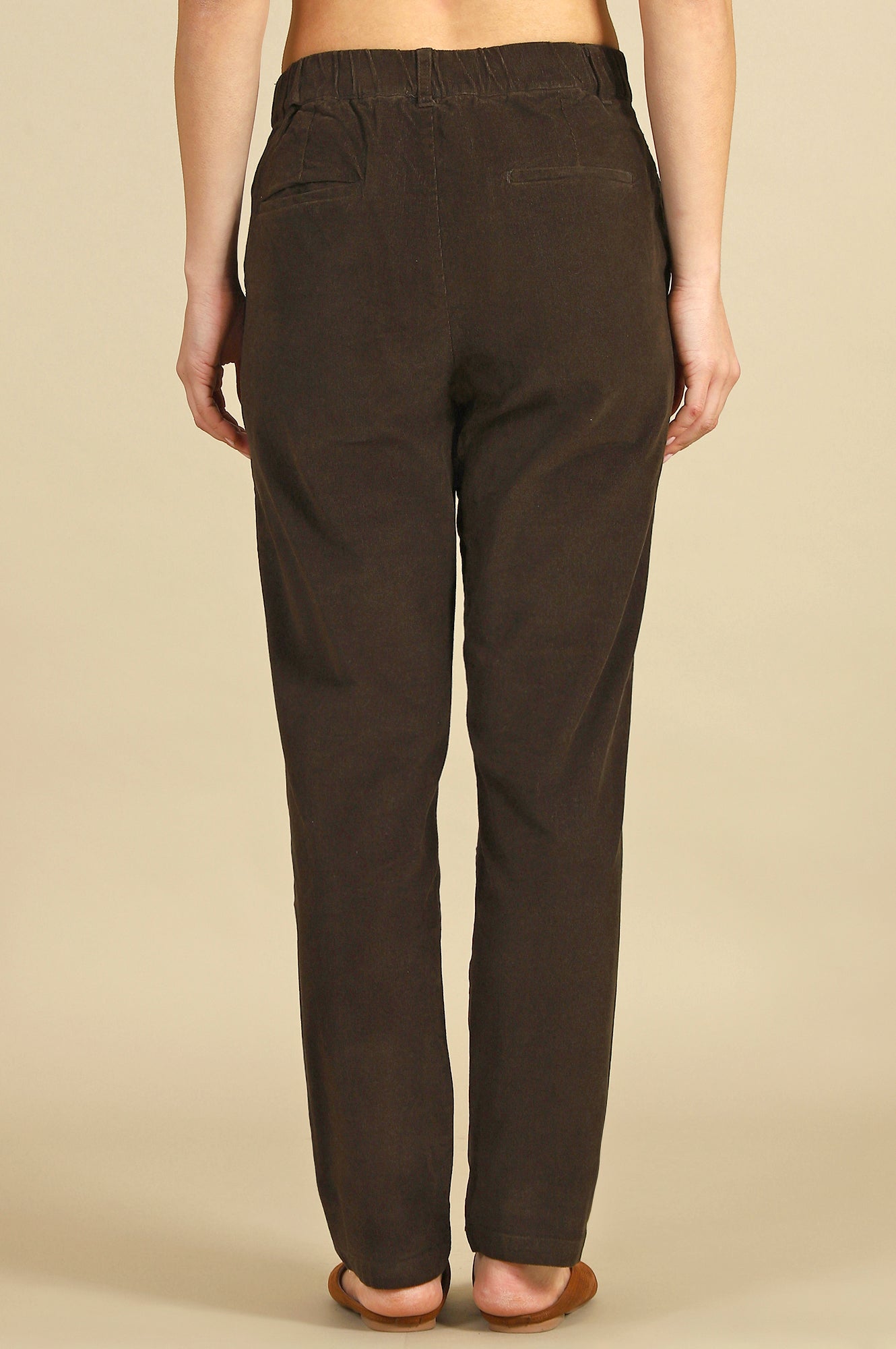 Green Solid Cotton Blend Straight Trousers & Pants