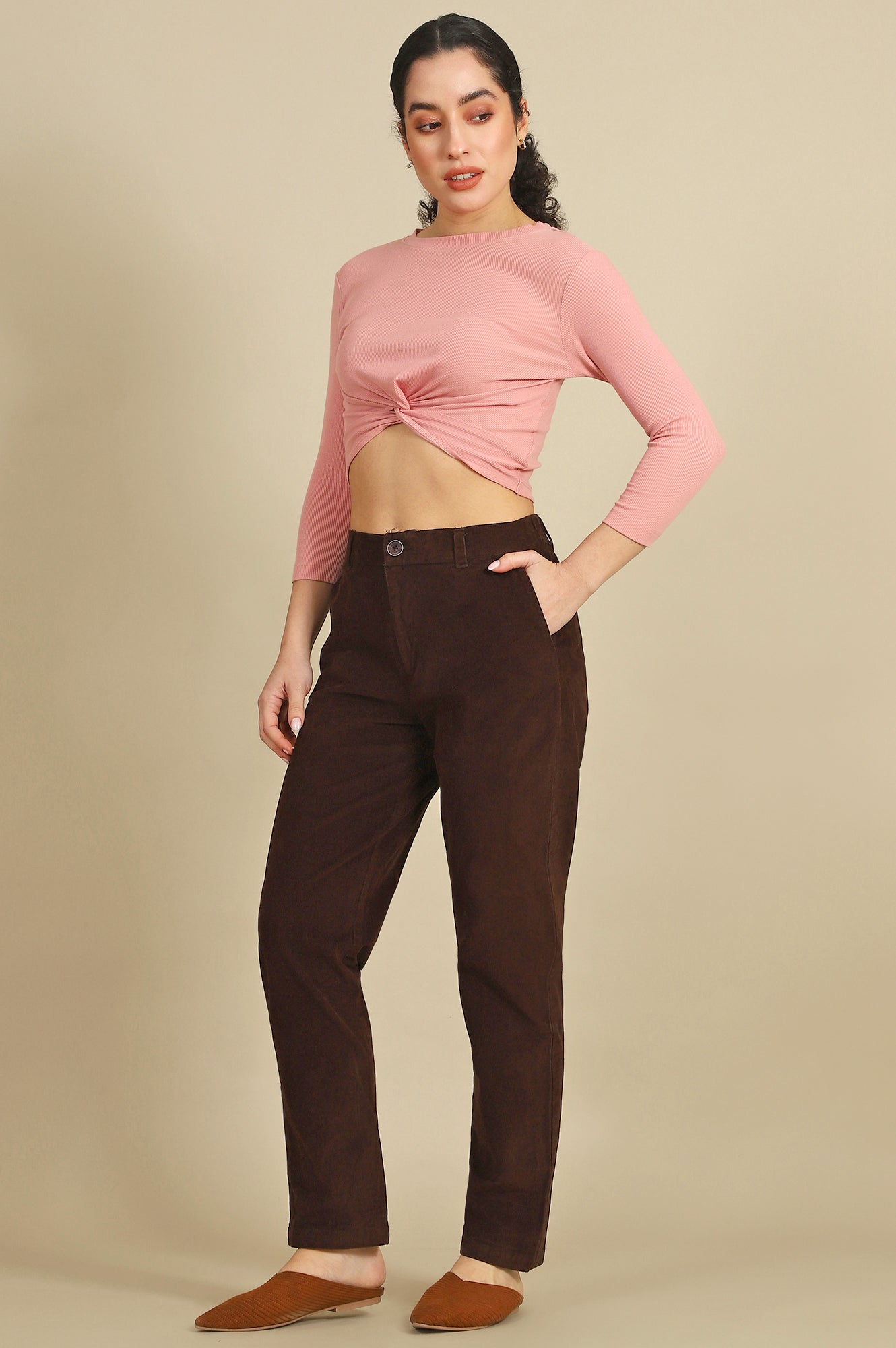 Brown Solid Cotton Blend Straight Trousers & Pants