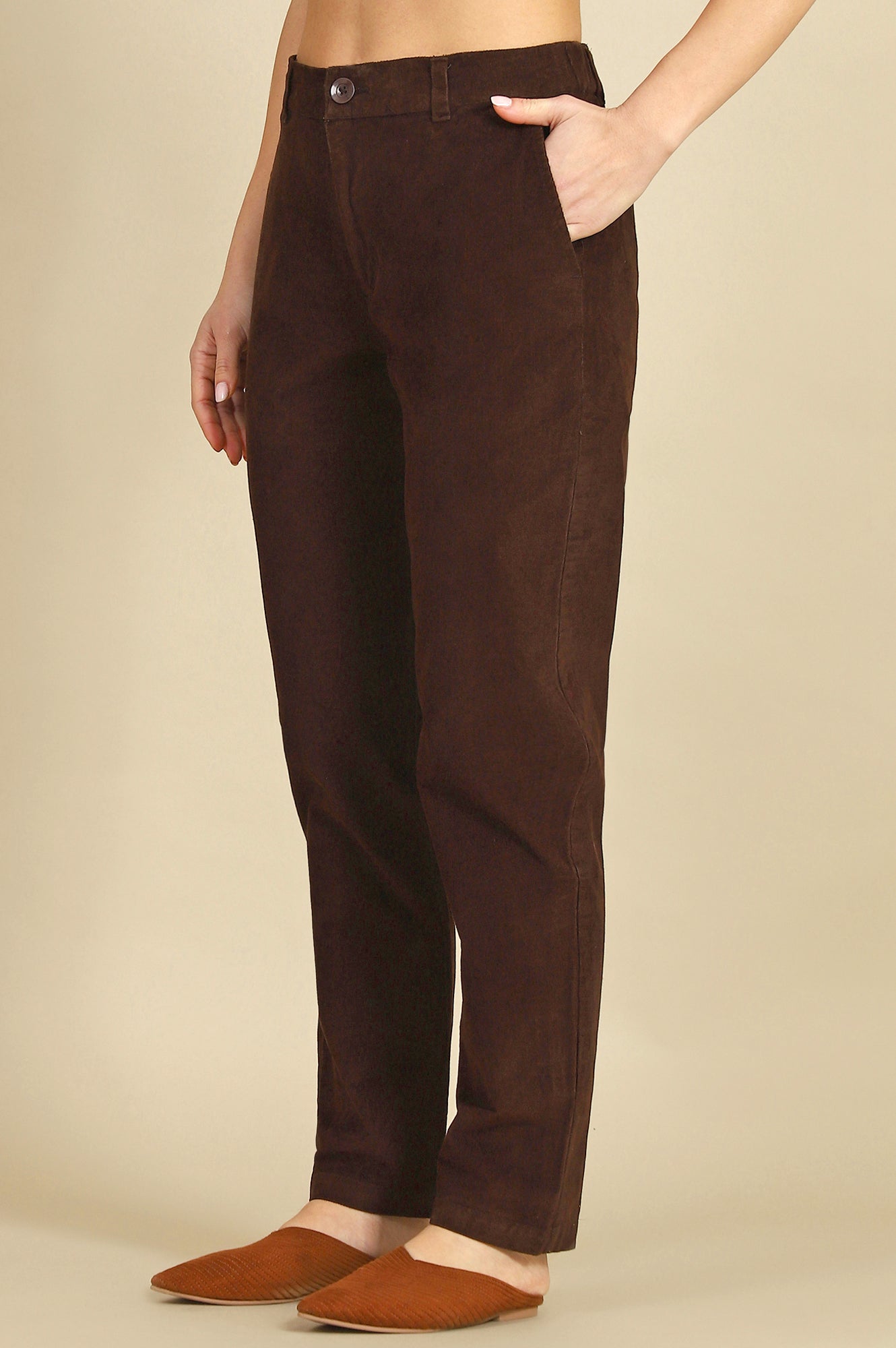 Brown Solid Cotton Blend Straight Trousers & Pants