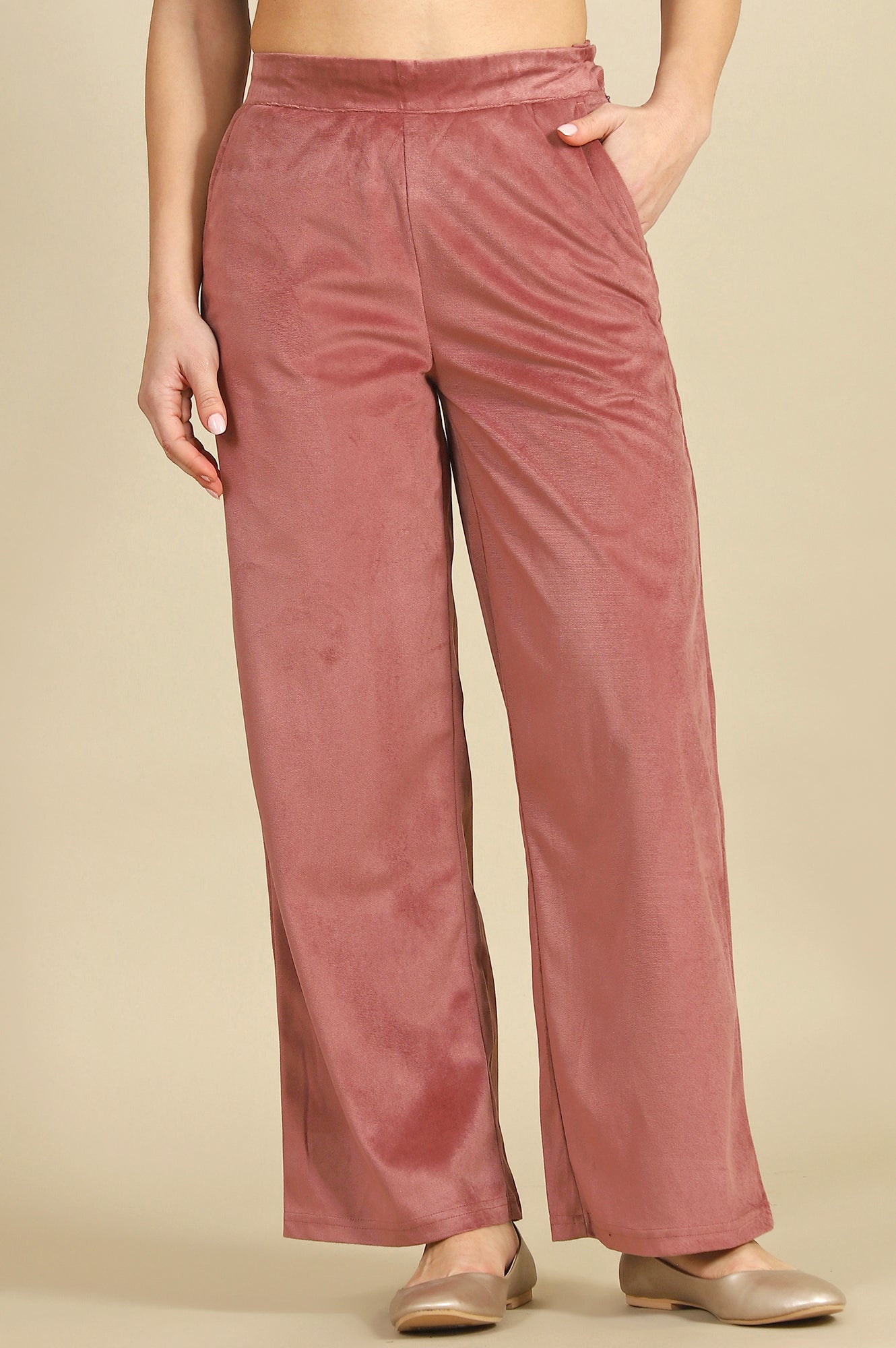 Pink Solid Straight Trousers & Pants