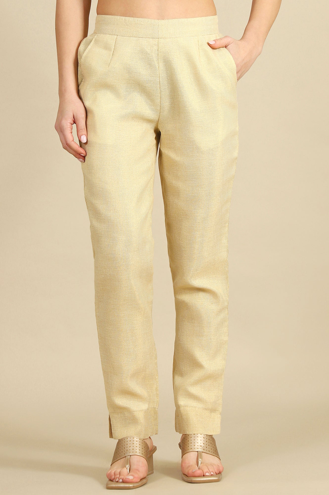 Off White Yarn Dyed Zari Cotton Blend Straight Trousers & Pants
