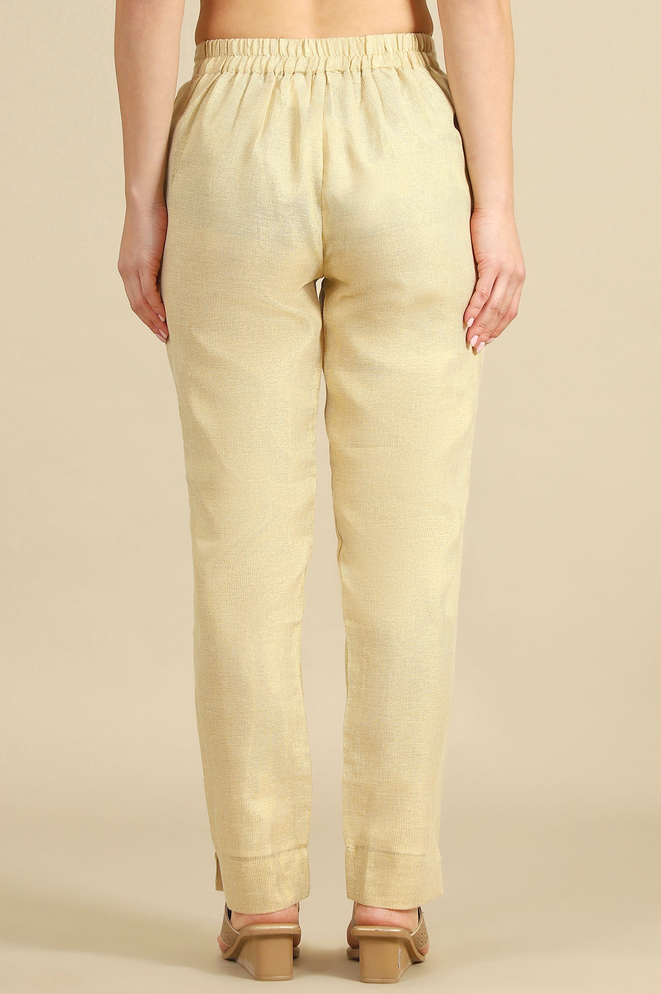 Off White Yarn Dyed Zari Cotton Blend Straight Trousers & Pants