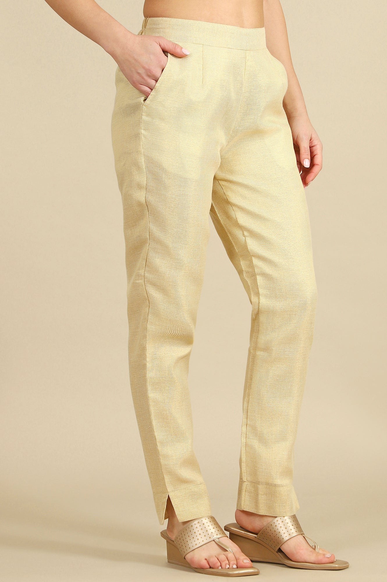 Off White Yarn Dyed Zari Cotton Blend Straight Trousers & Pants