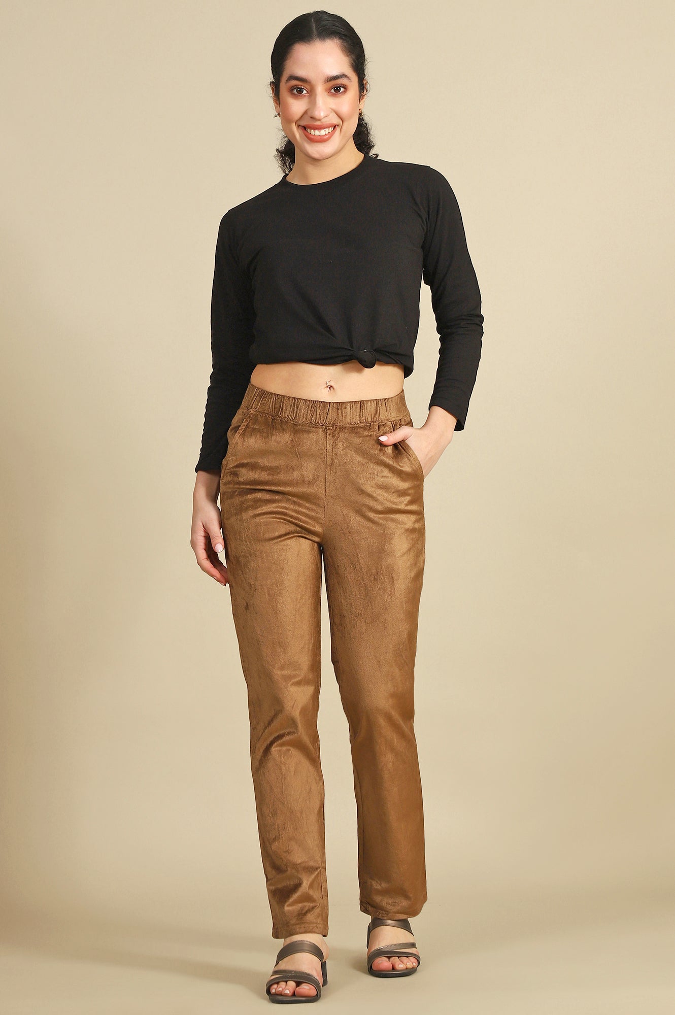 Gold Solid Straight Trousers & Pants