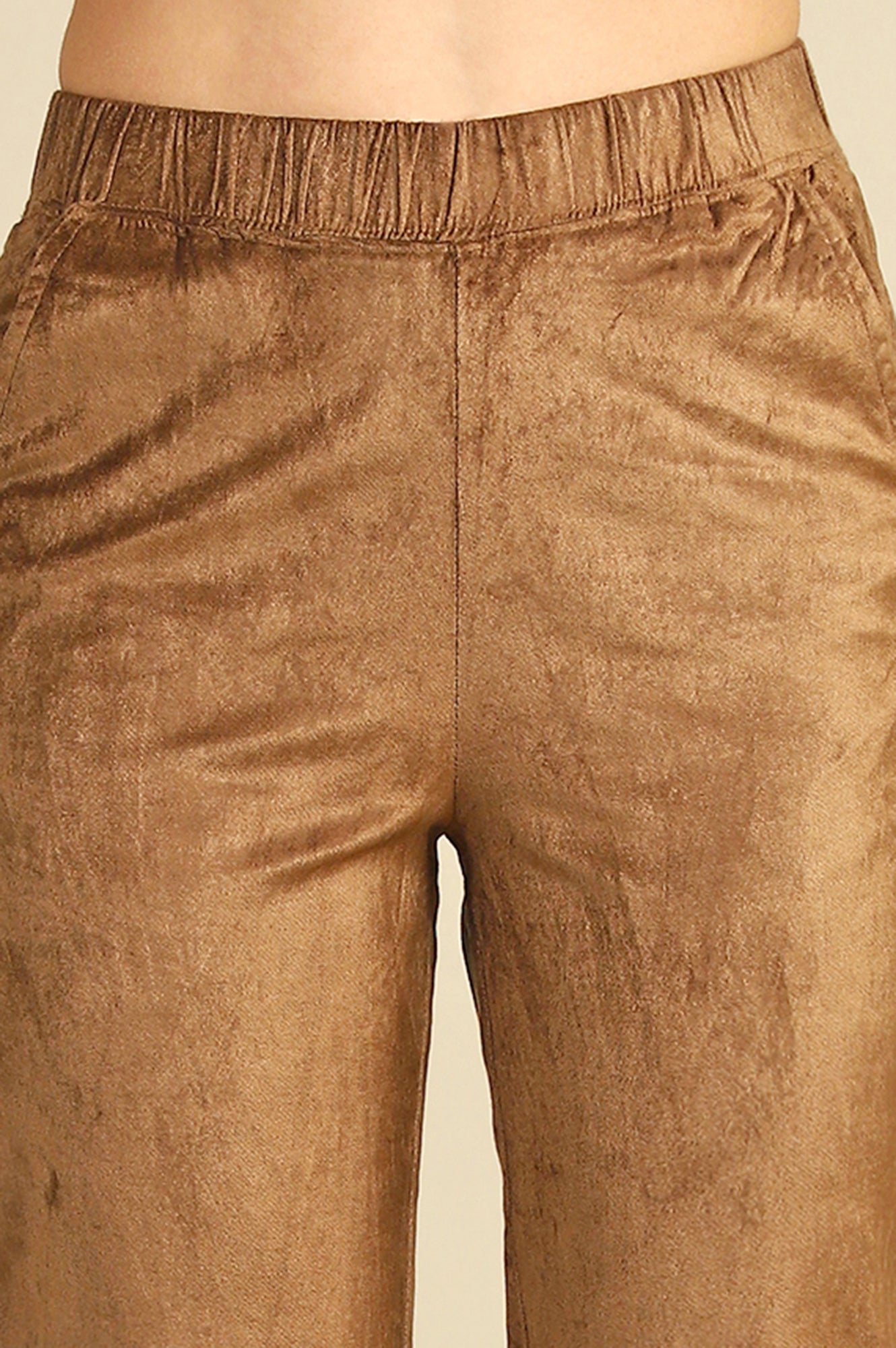 Gold Solid Straight Trousers & Pants