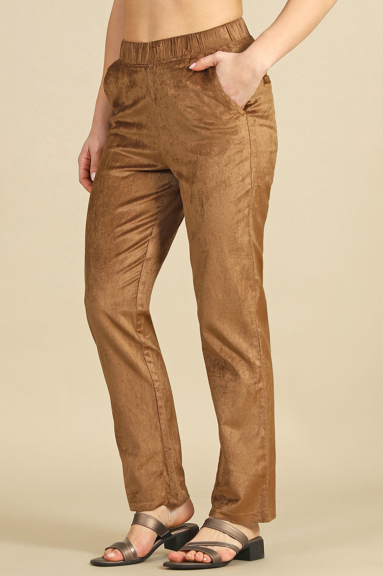 Gold Solid Straight Trousers & Pants