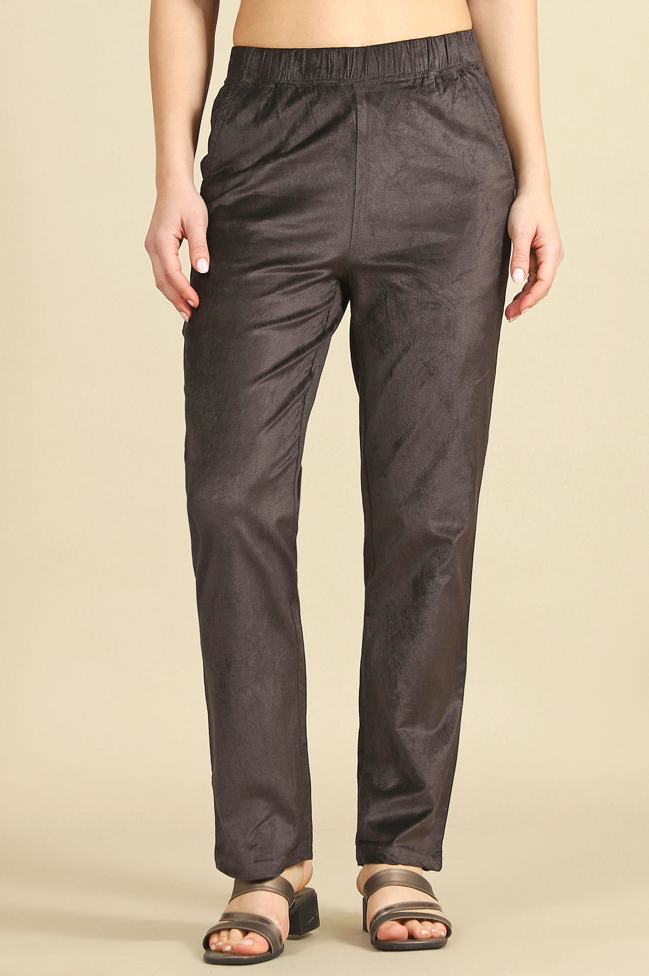 Grey Solid Straight Trousers & Pants