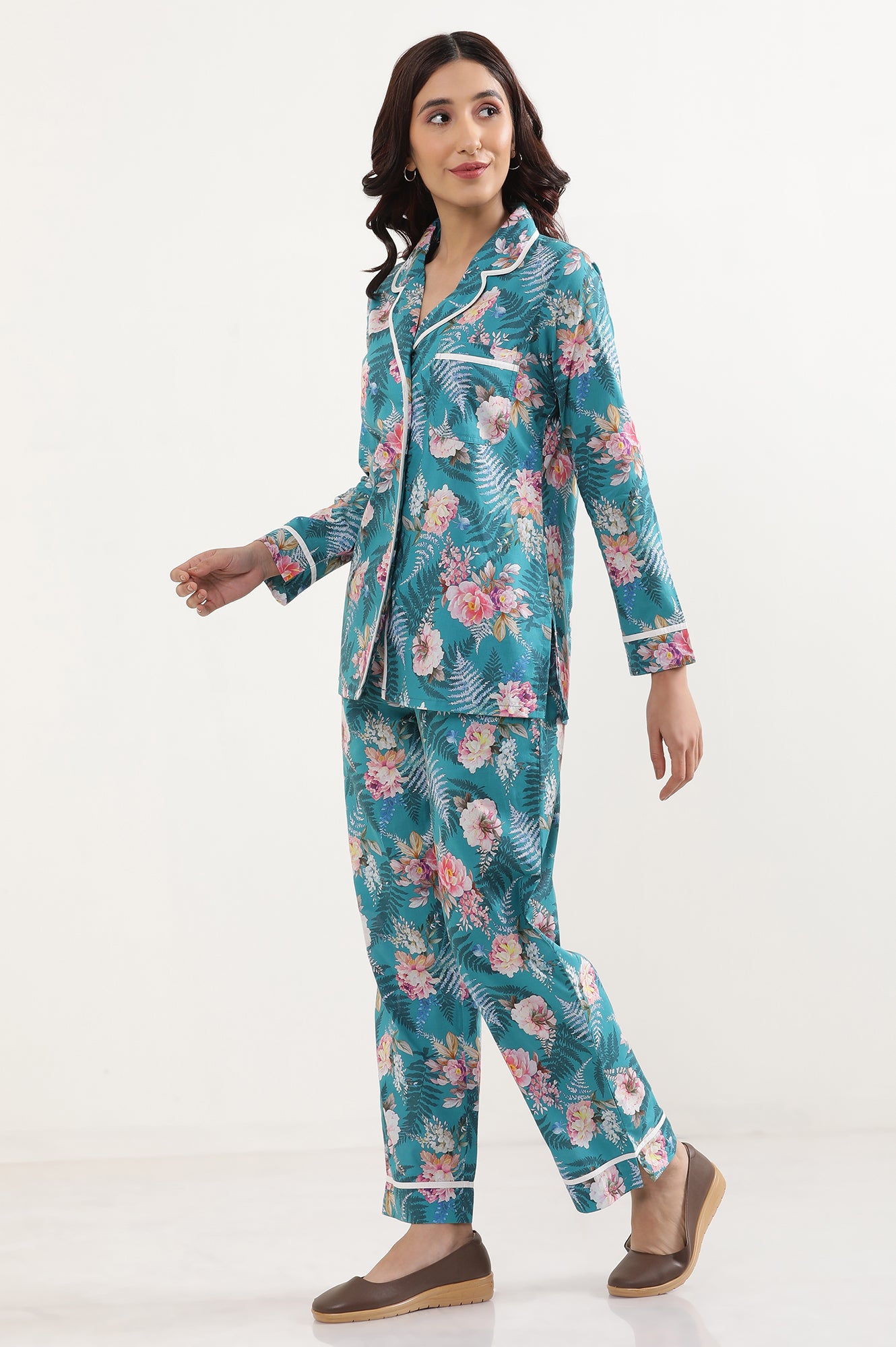 Green Floral Printed Straight Fit Cotton Palazzo With Elasticated Waist