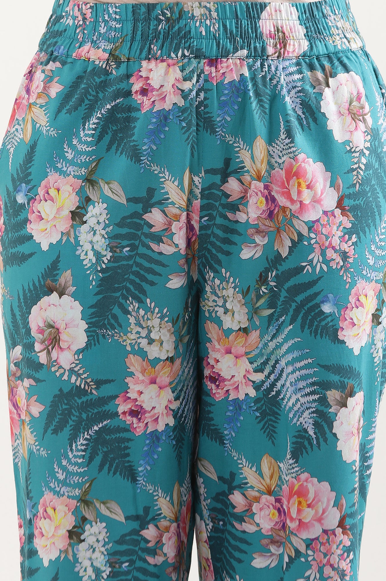 Green Floral Printed Straight Fit Cotton Palazzo With Elasticated Waist