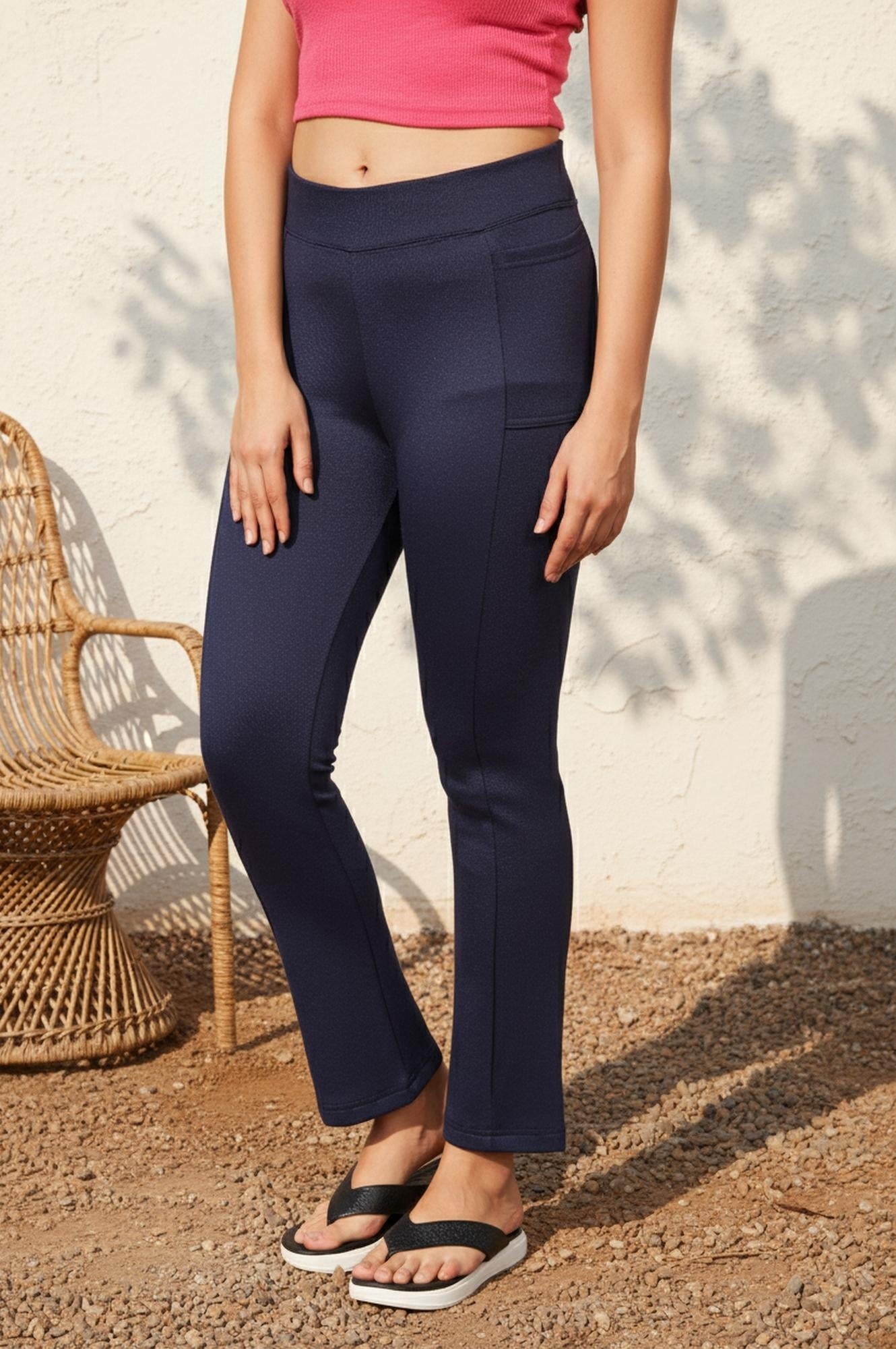 Navy Blue Solid Ankle-Length Rayon Tights
