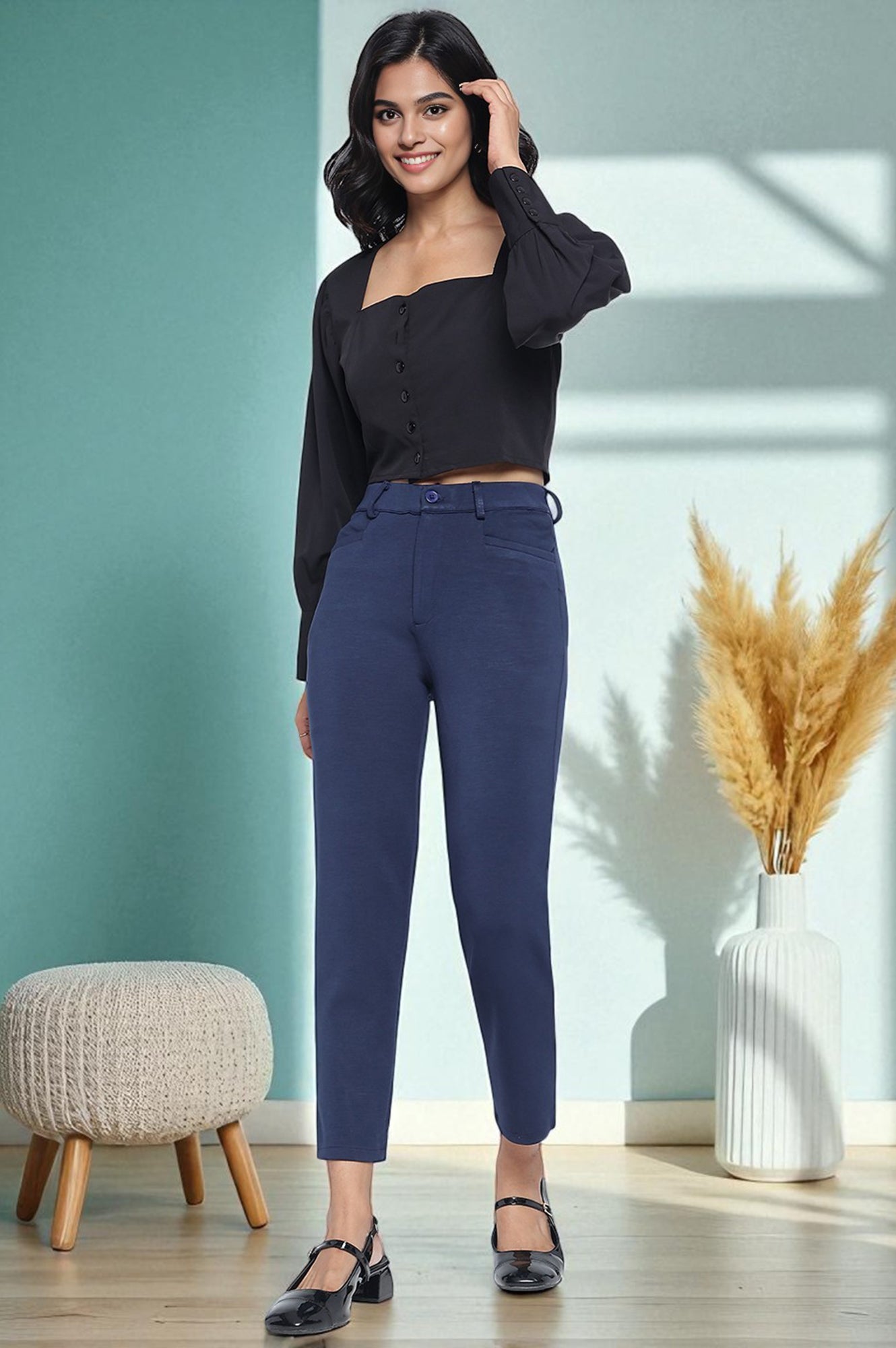 Navy Blue Solid Mid Rise Trouser in Ankle Length