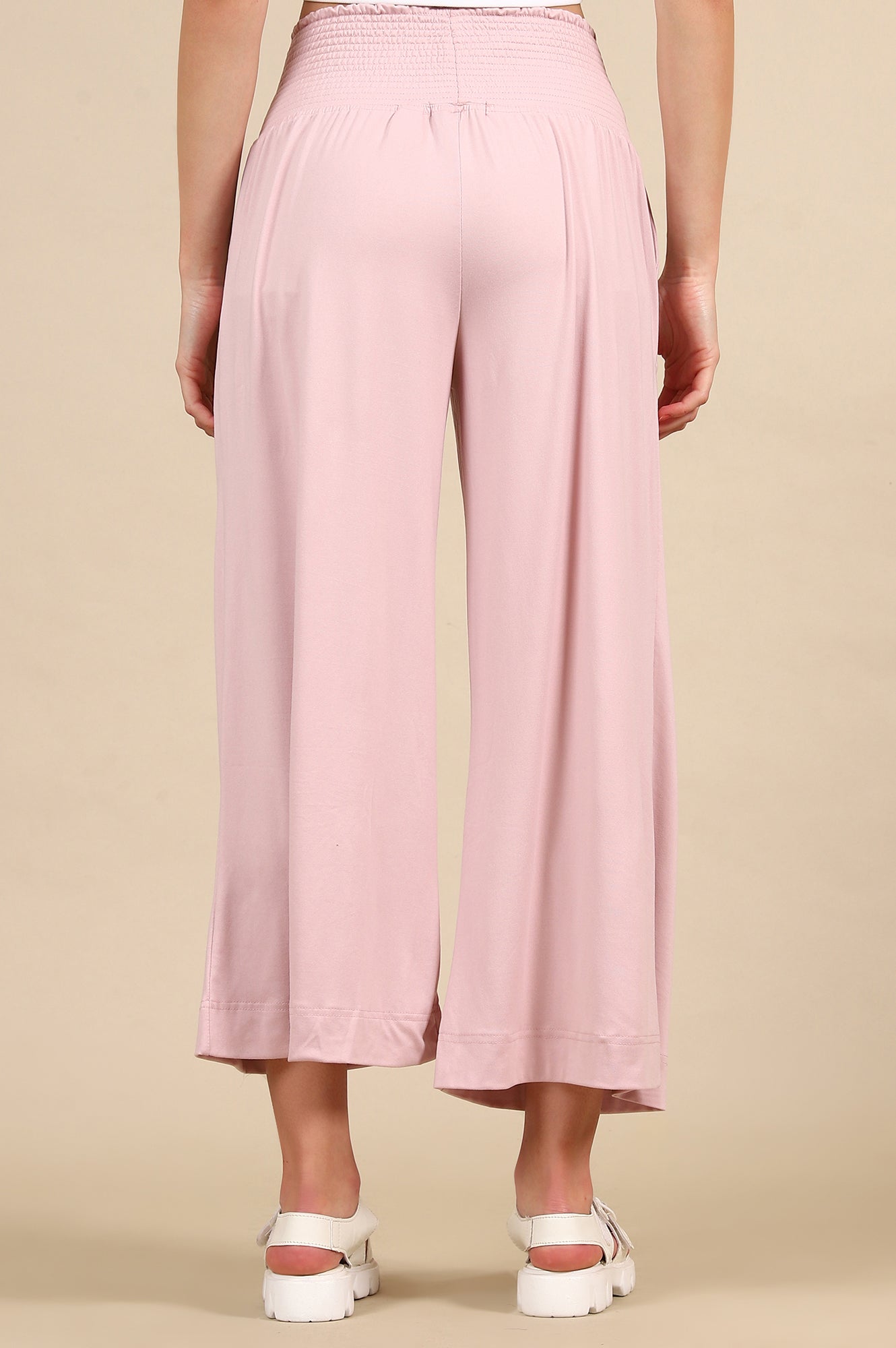 Pink Solid Flared Pants With Smoked High Waisted Detail