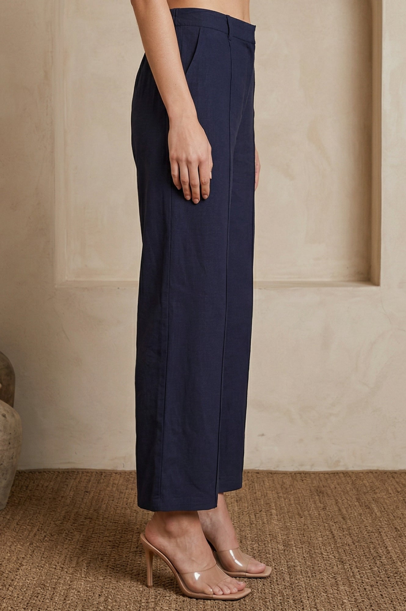 Navy Blue Solid Rayon Ankle Length Pants