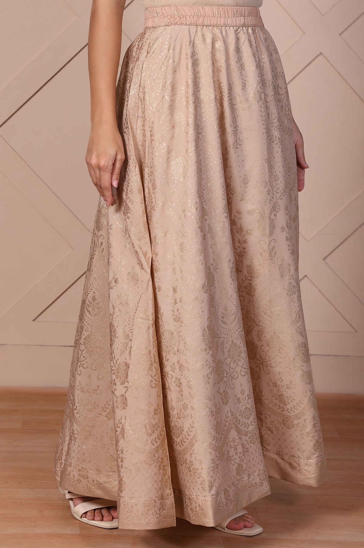 Beige Floral Printed High Rise Ankle Length Loose Fit Skirt