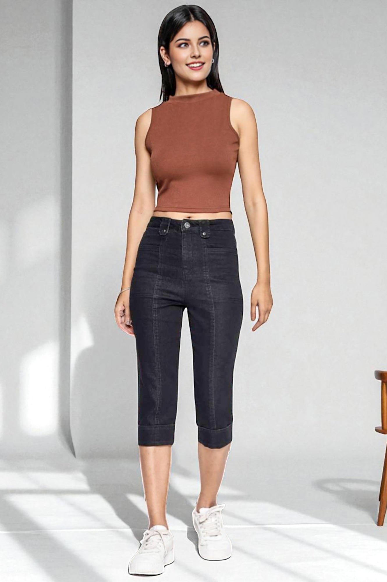 Black Cotton Denim Lycra Cropped Length Capri with YKK Zipper
