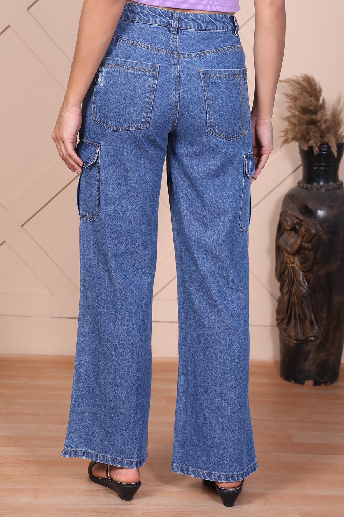 Blue Solid Denim Relaxed Fit Cargo