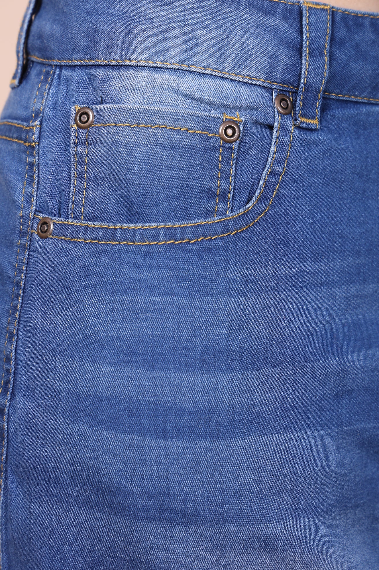 Blue Solid Denim Lycra Mid Thigh Skirt