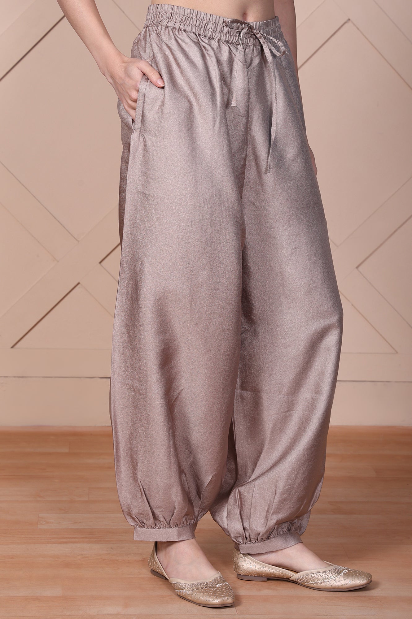 Beige Solid Lustrous Harem Pant