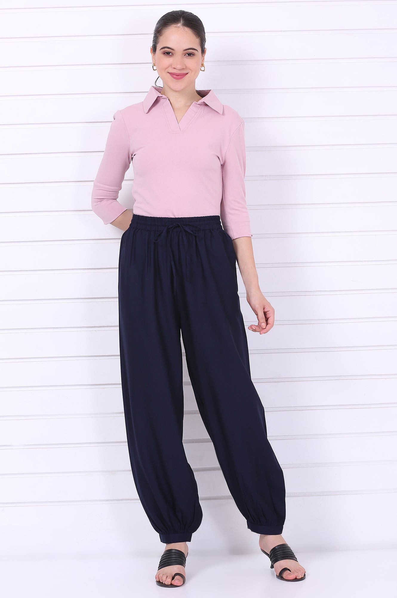 Navy Blue Solid Loose Fit Cropped Dhoti Pants