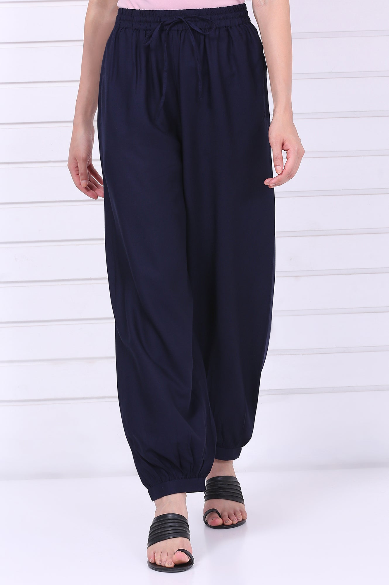 Navy Blue Solid Loose Fit Cropped Dhoti Pants