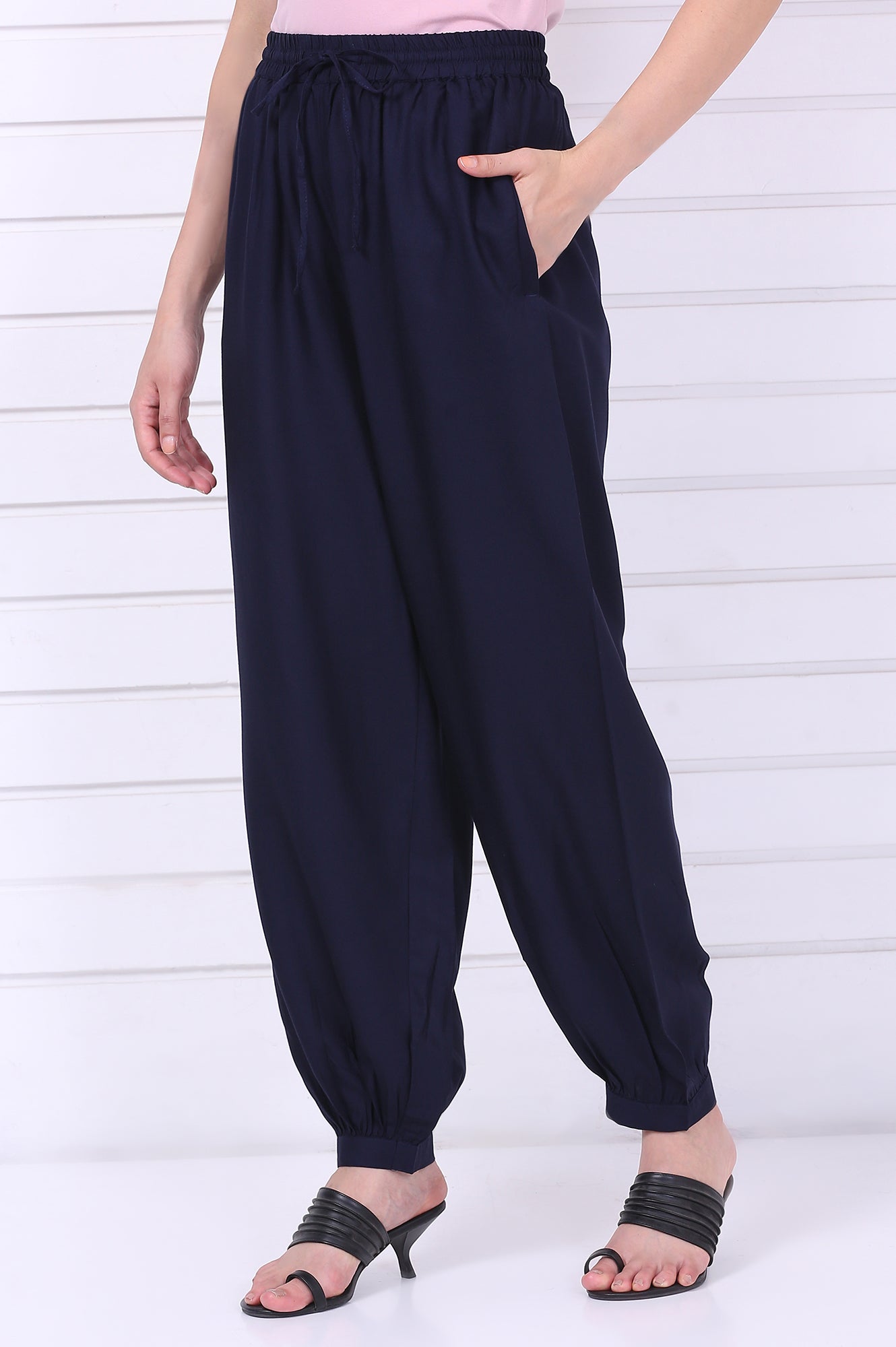 Navy Blue Solid Loose Fit Cropped Dhoti Pants
