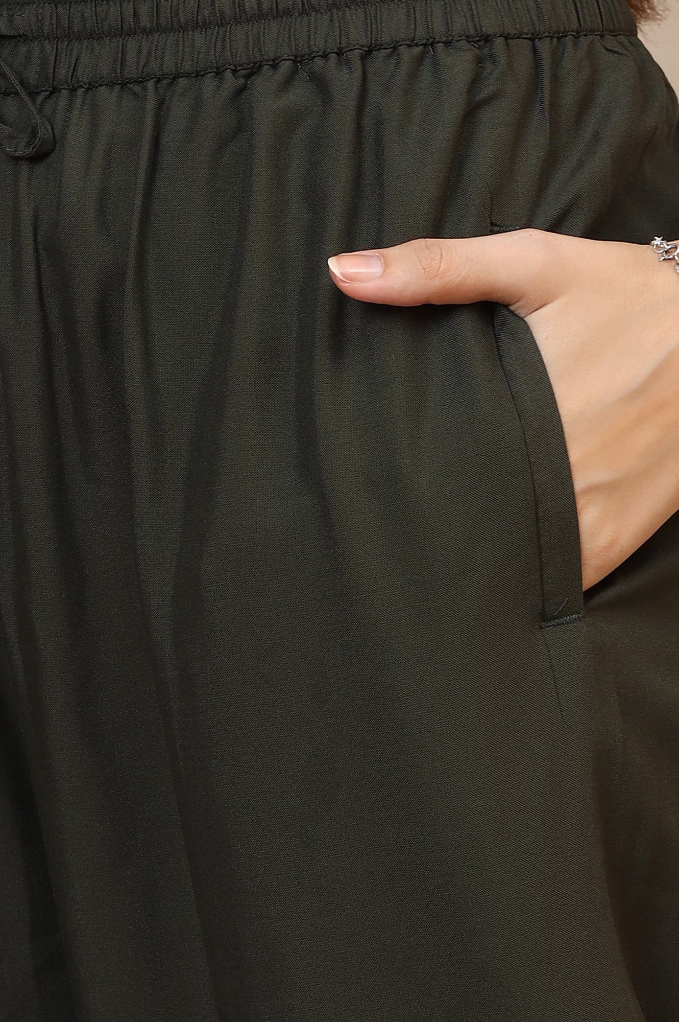 Dark Green Solid Loose Fit Rayon Pants With Drawstring