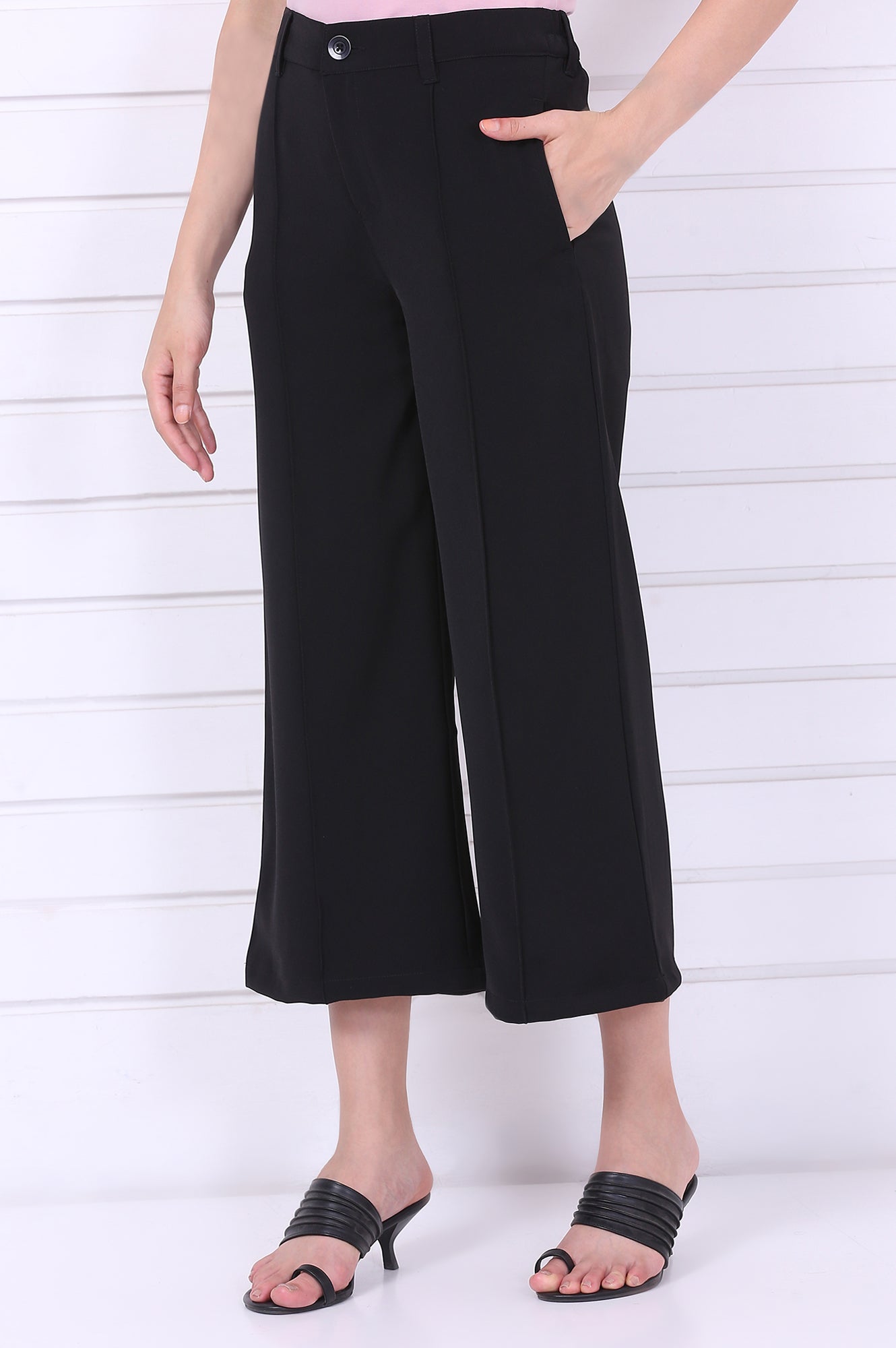 Black Solid Calf Length Culottes with YKK Zipper