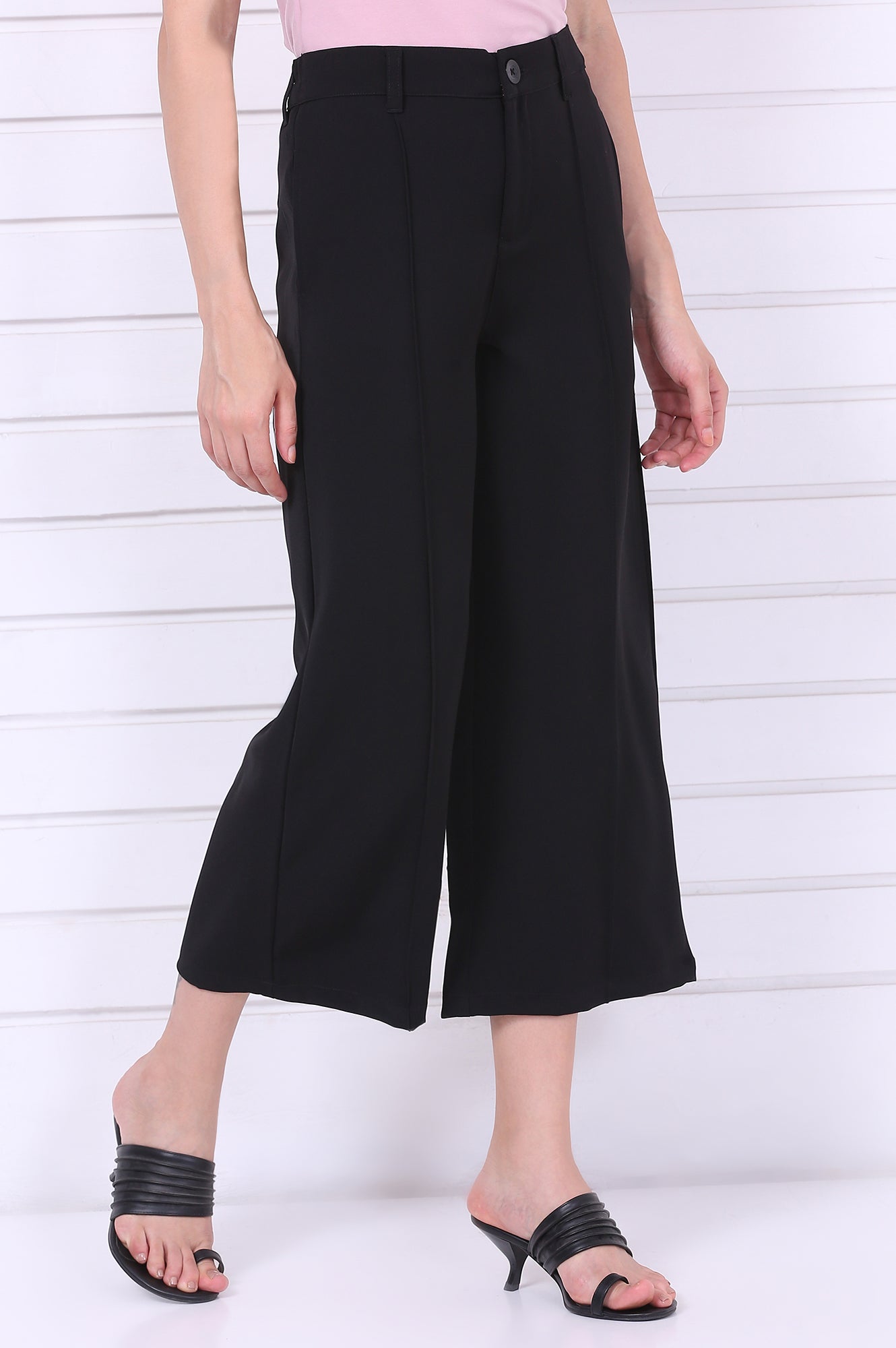 Black Solid Calf Length Culottes with YKK Zipper