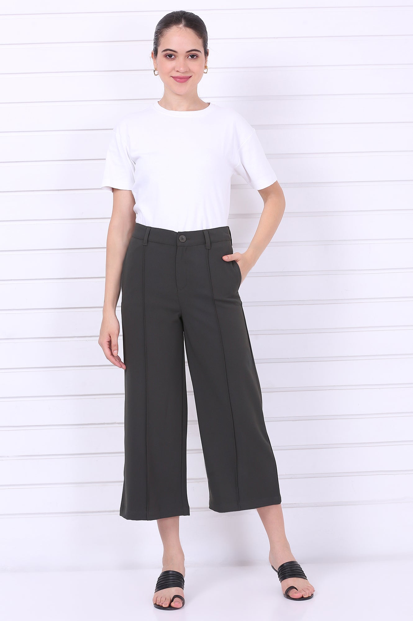 Green Solid Calf Length Culottes with YKK Zipper