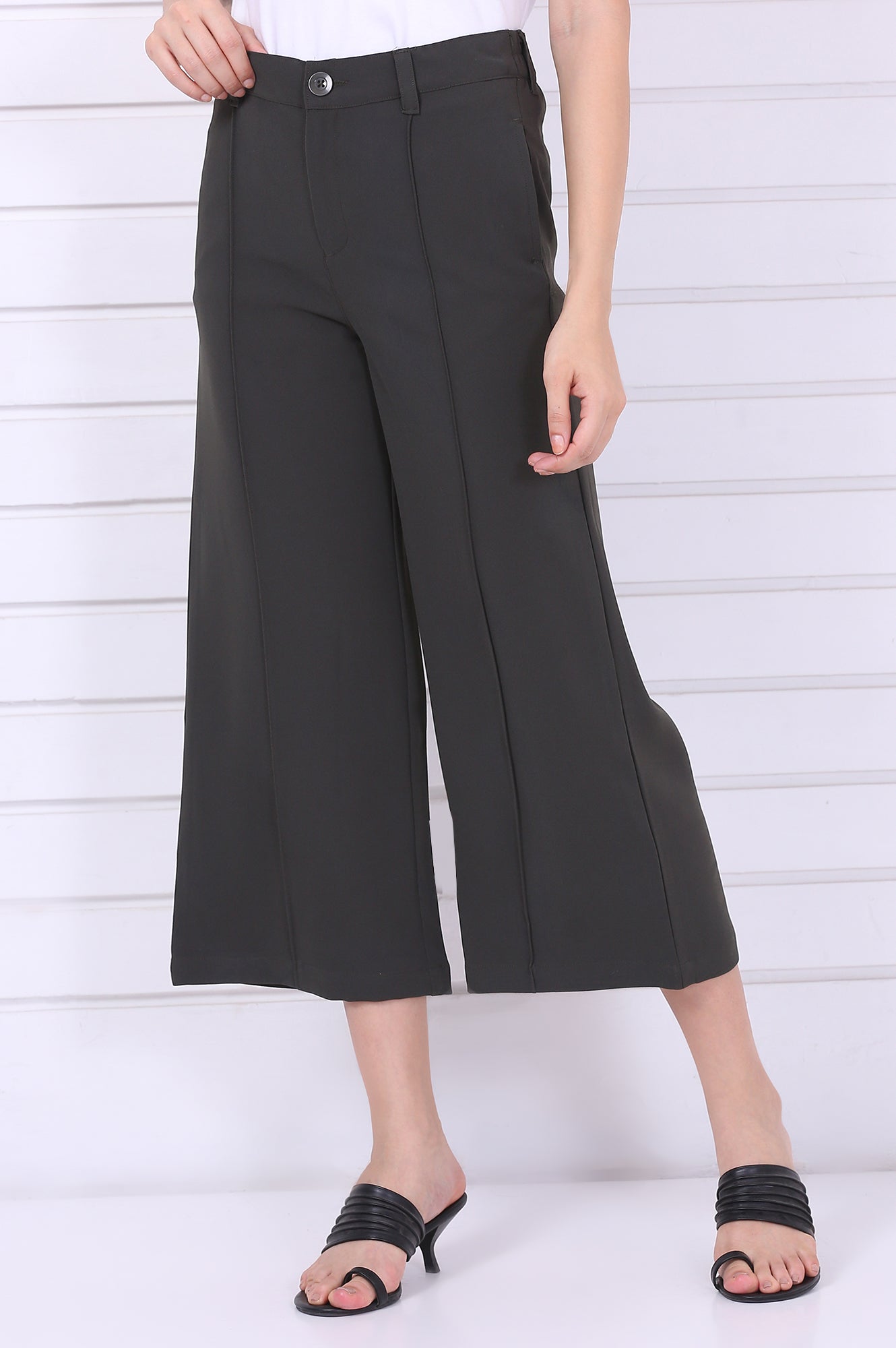 Green Solid Calf Length Culottes with YKK Zipper
