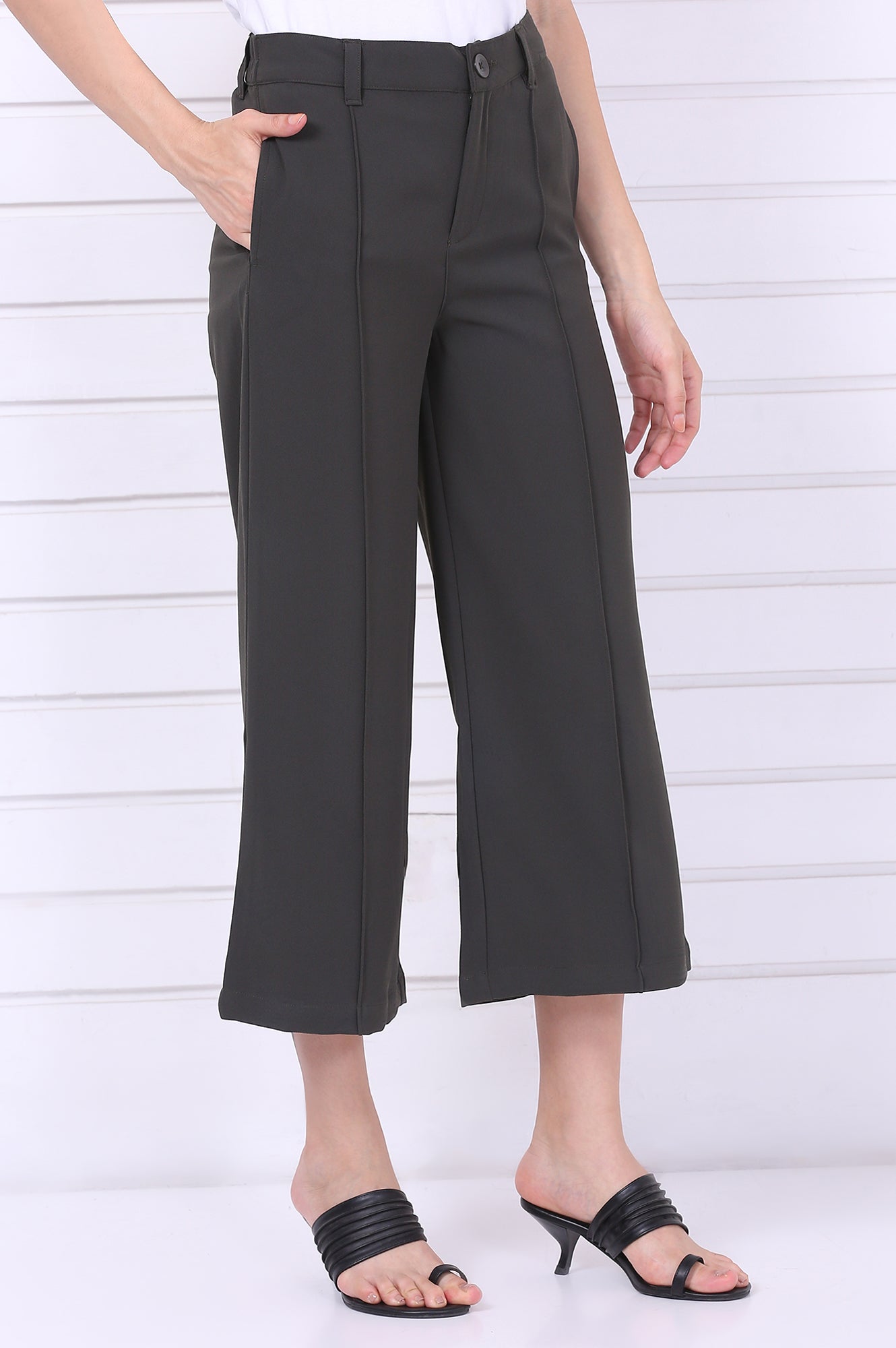 Green Solid Calf Length Culottes with YKK Zipper