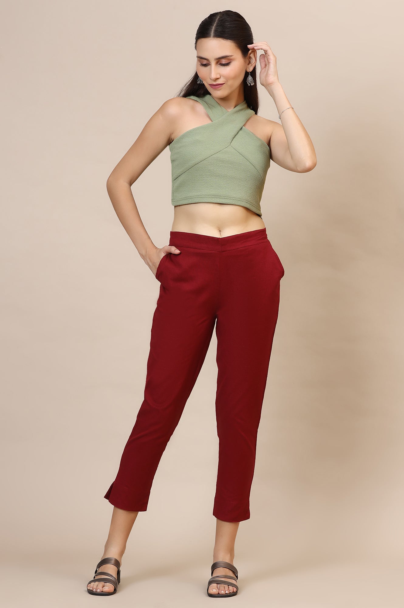 Maroon Solid Straight Fit Cotton Trousers With Elasticated Waist