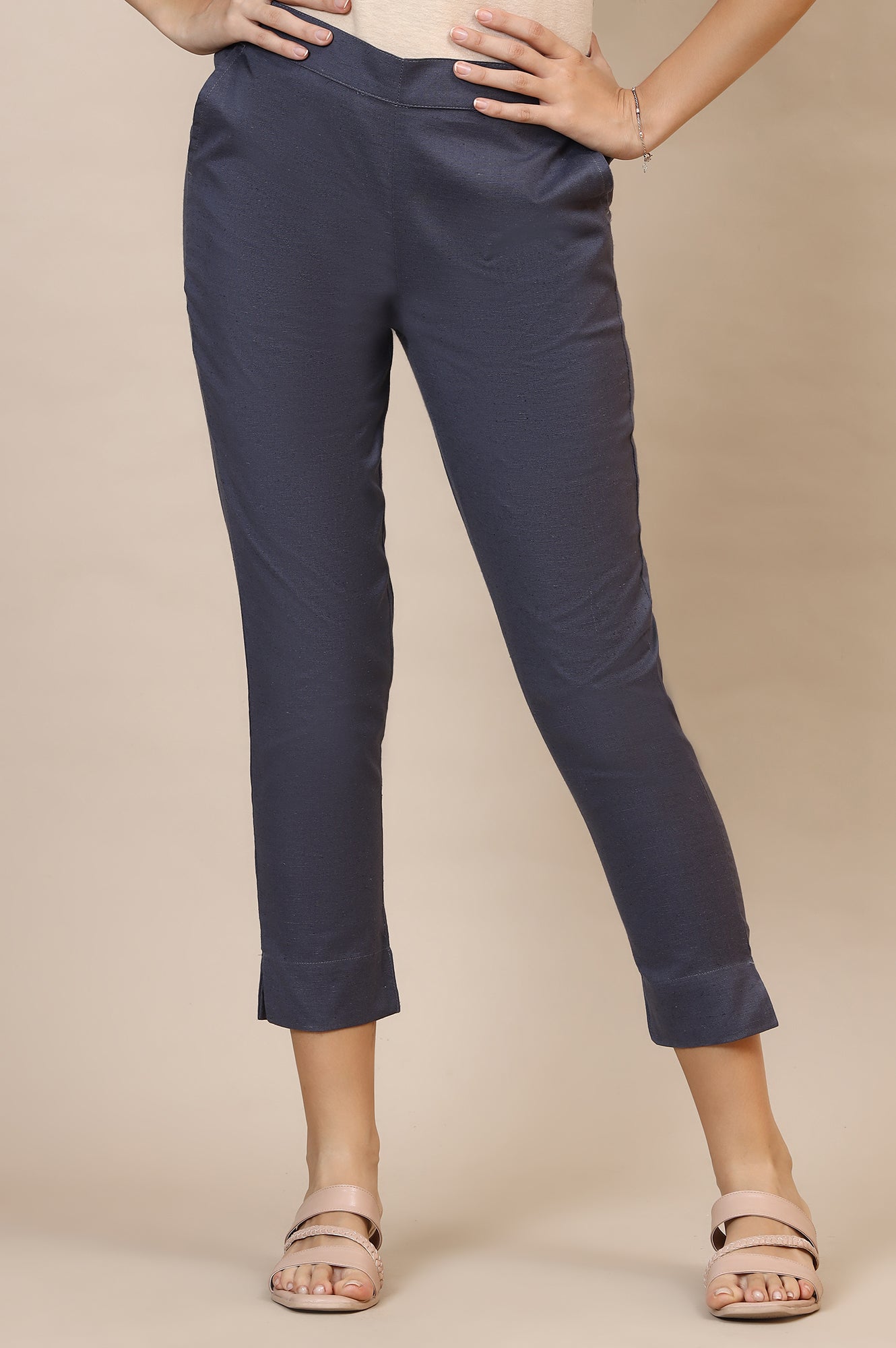 Grey Solid Slim Fit Cotton Trousers With Elasticated Waist