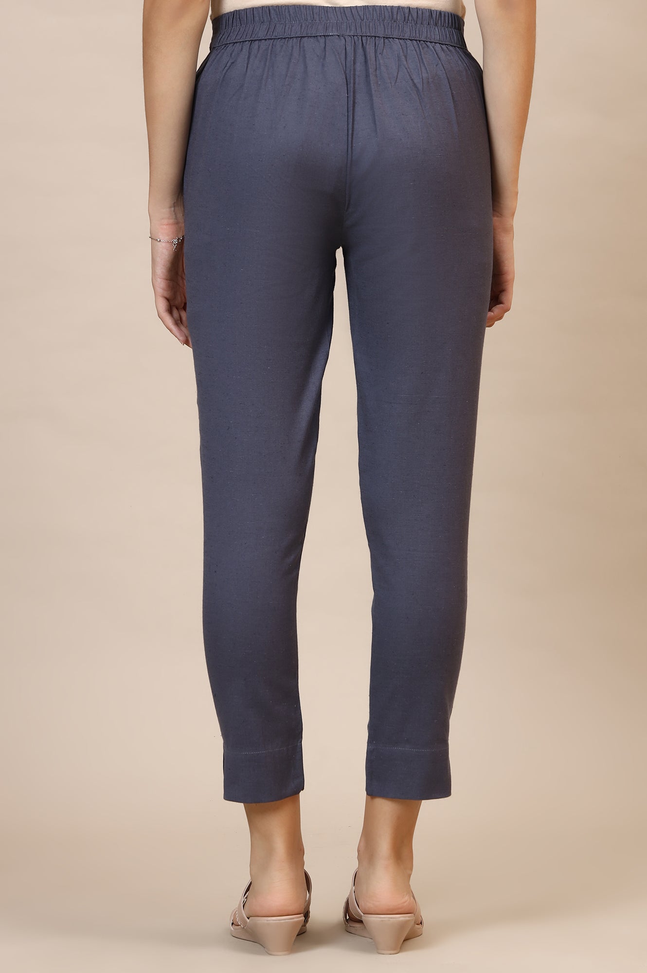 Grey Solid Slim Fit Cotton Trousers With Elasticated Waist