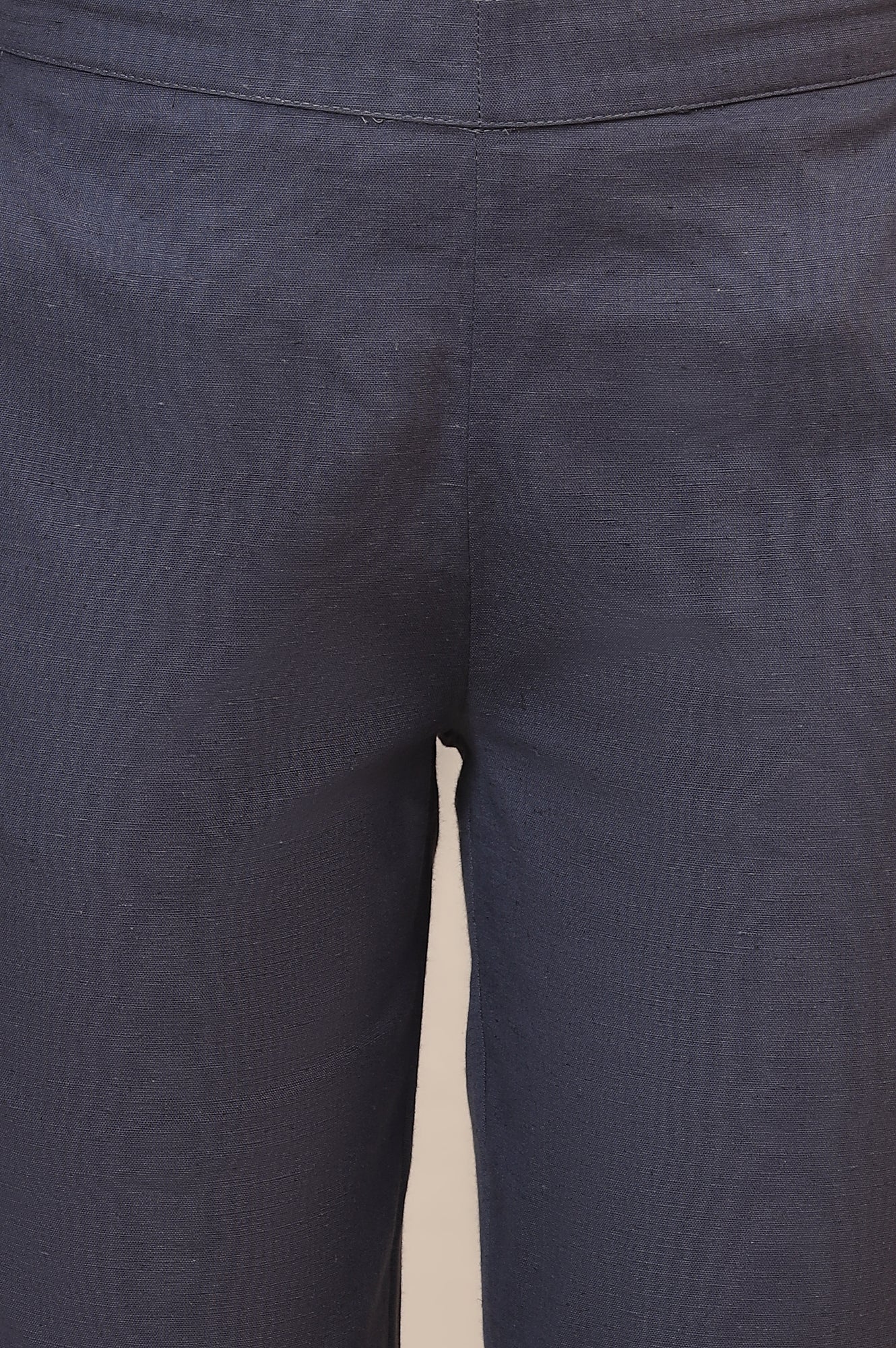 Grey Solid Slim Fit Cotton Trousers With Elasticated Waist