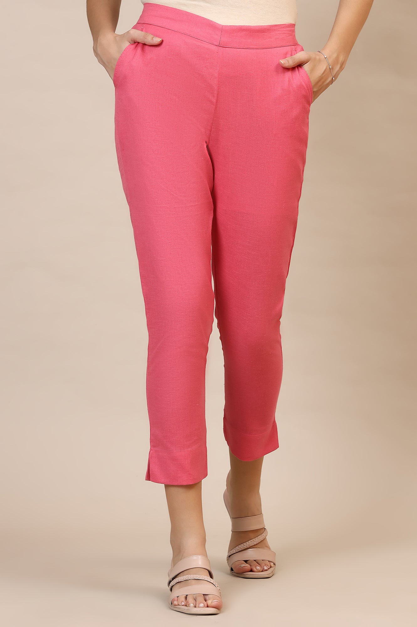Pink Solid Straight Fit Cotton Trousers With Elasticated Waist