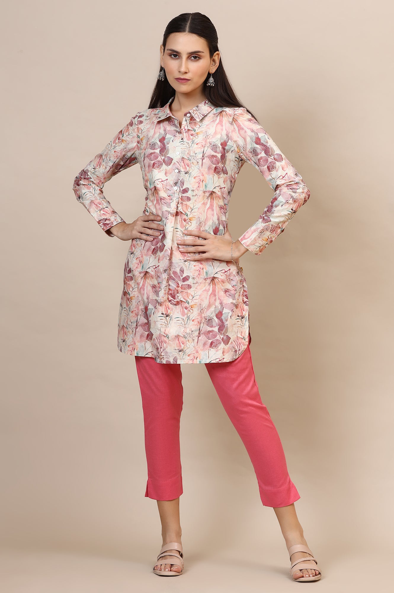 Pink Solid Straight Fit Cotton Trousers With Elasticated Waist