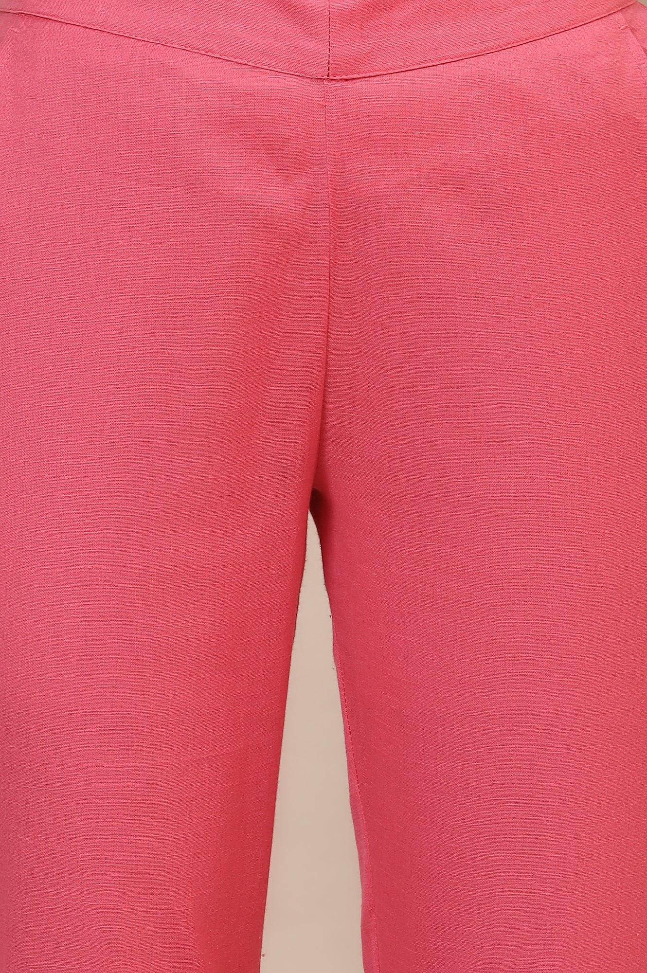 Pink Solid Straight Fit Cotton Trousers With Elasticated Waist