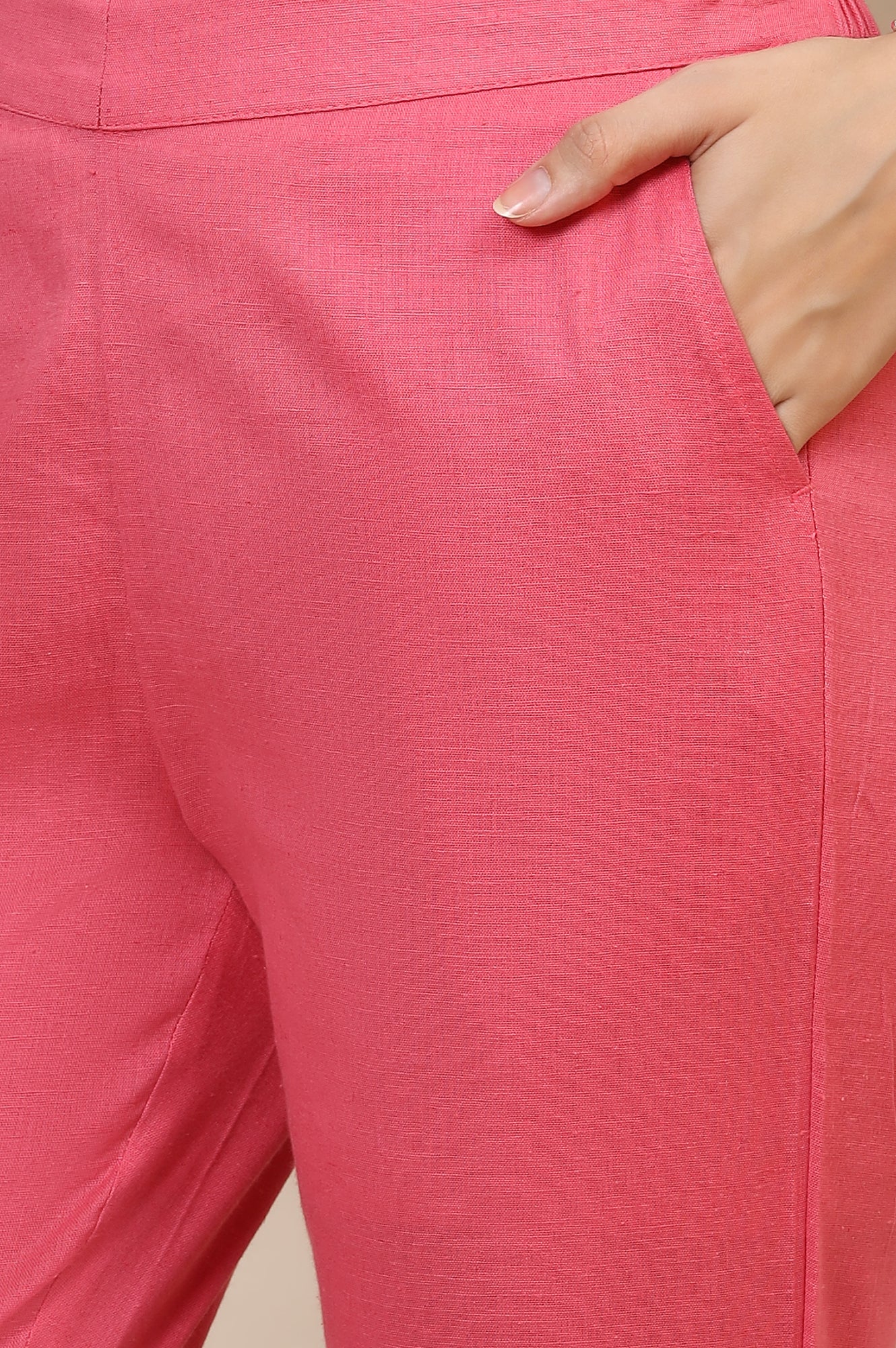 Pink Solid Straight Fit Cotton Trousers With Elasticated Waist