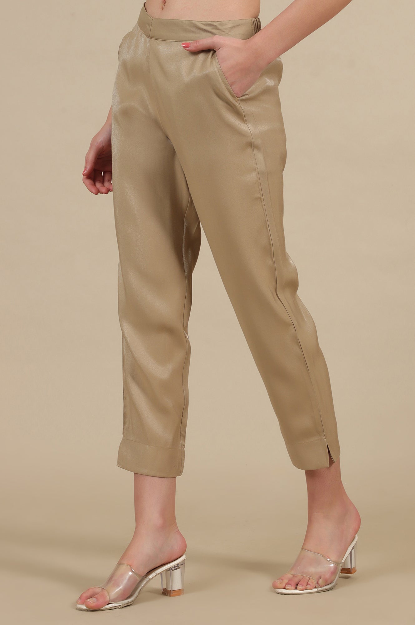 Gold Solid Straight Fit Trousers With Elasticated Waist